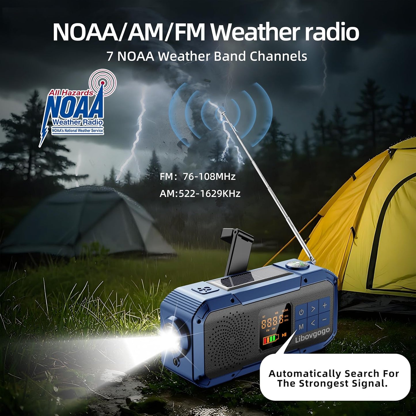libovgogo IPX5 Alarm,2000mAh Emergency Weather Radio with Waterproof Portable Bluetooth Speaker,USB-C Solar Hand