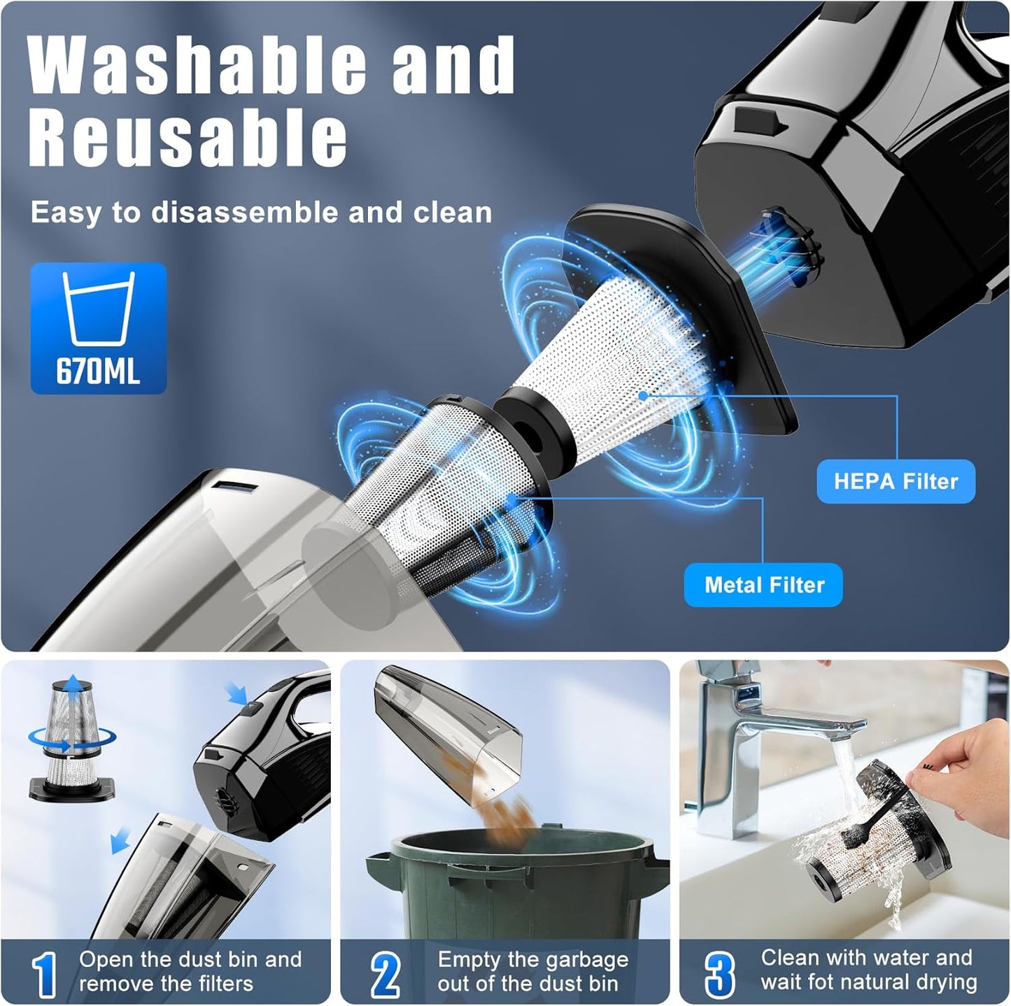 Upbooz Handheld Vacuum - Cordless Portable Mini Vacuum with 7500Pa Suction | 670ML Capacity for Car, Office, Home & Pet Hair