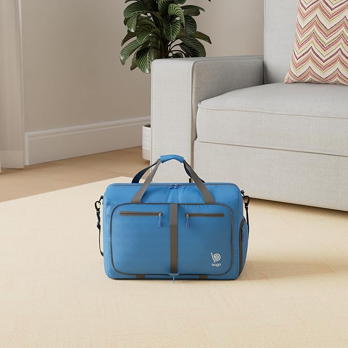 Bago Foldable Duffel Bags for Traveling Women & Men - 60L Medium Packable Duffle Bag for Travel with Shoe Compartment - Water Repellant, Heavy Duty, Lightweight Folding & Collapsible (Blue)