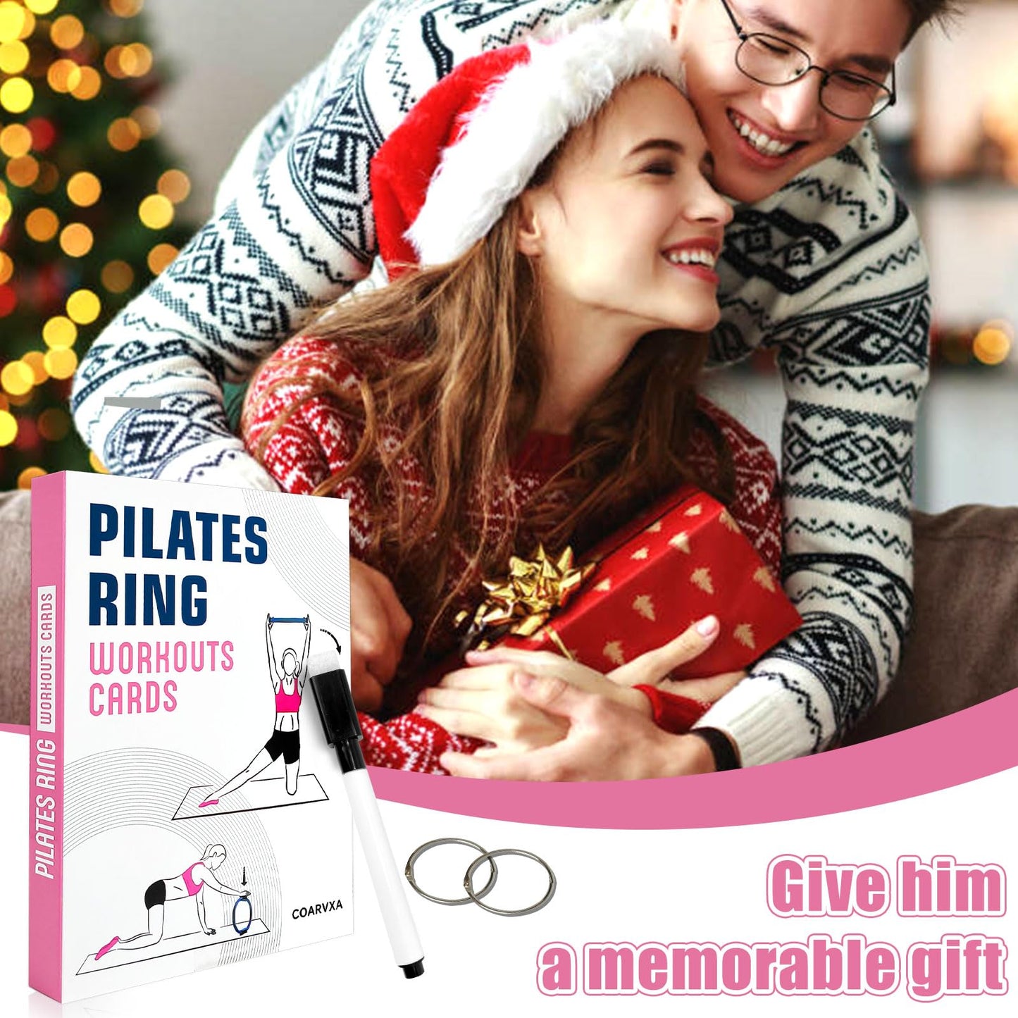 COARVXA Pilates Ring Workouts for Women-58 Exercise Cards with Pilates Mat Workout Postures，ncludes 4-Week Challenge,2 Rings& Dry-Erase for Easy Organization-Home, Gym or Studio