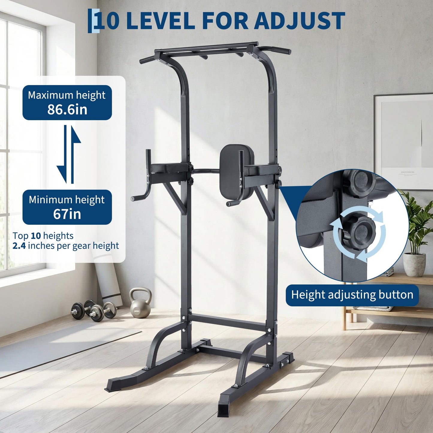 Power Tower Pull Up Bar Dip Station, Adjustable Height Home Gym Equipment, Heavy Duty Strength Trainer with 880 Lbs Capacity, Multi-Function Workout for Full Body Exercise, Stable Fitness Equipment