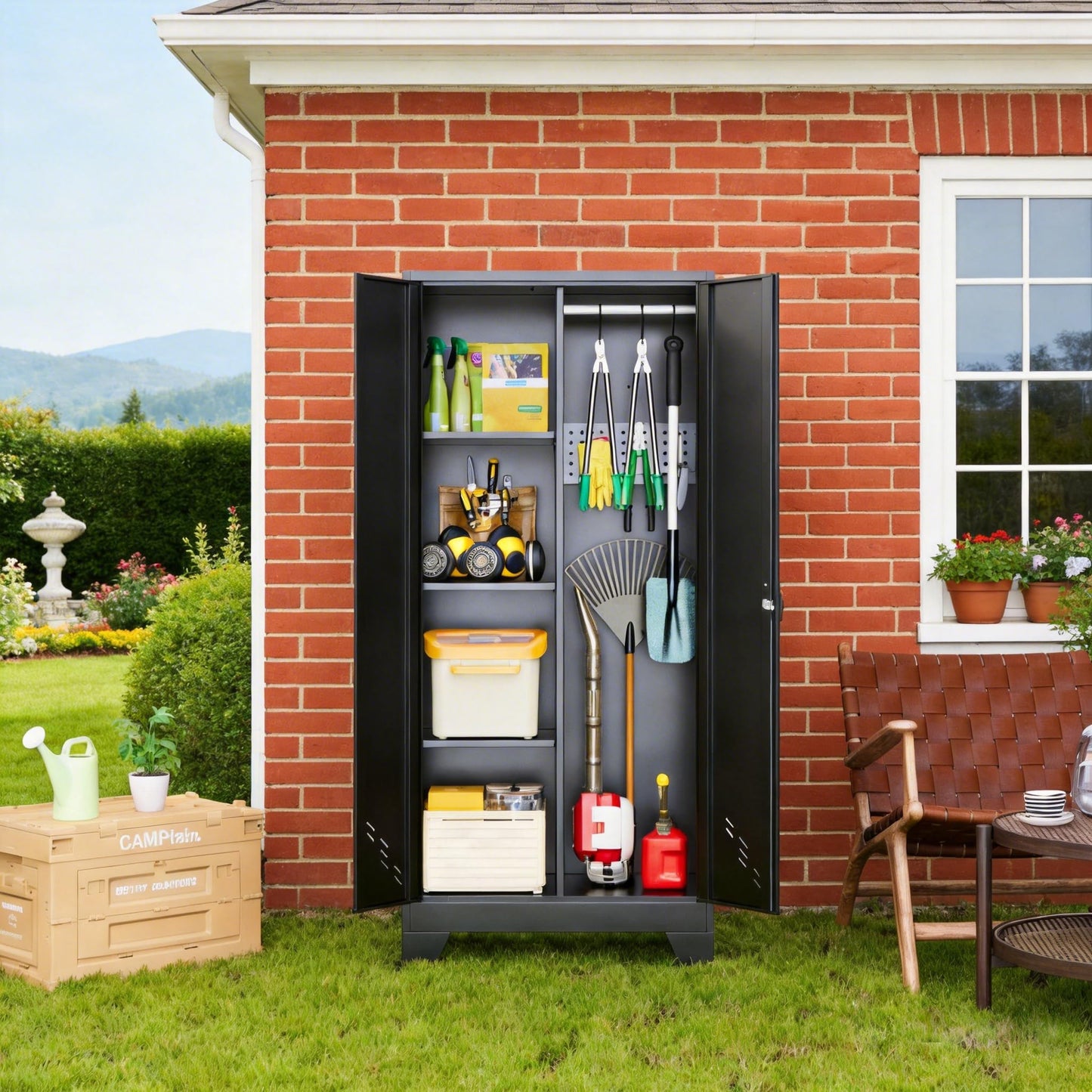 OSKEBABO Broom Closet Storage Cabinet, Garage Storage Cabinet with Pegboard & Hanging Rod, Tool Organizer Steel Lockers for Garage, Laundry Room, Home Office, 61" Hx 27.7" Wx13.8 D