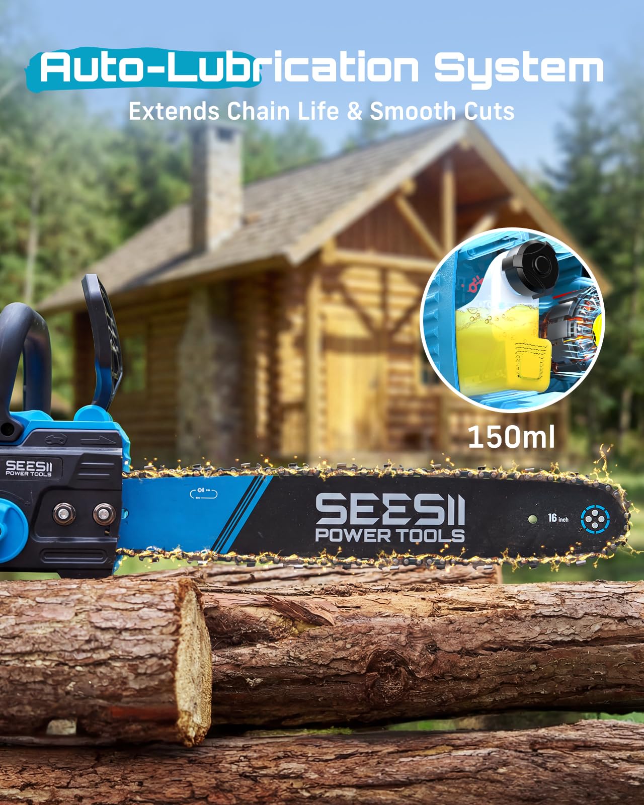SEESII 40V 16-Inch Cordless Chainsaw: Brushless Electric Chain Saws with 2×4.0Ah Batteries & Charger, Tool-Free Chain Tension, Auto Oiling, for Tree Trimming, Wood Cutting, Yard Work