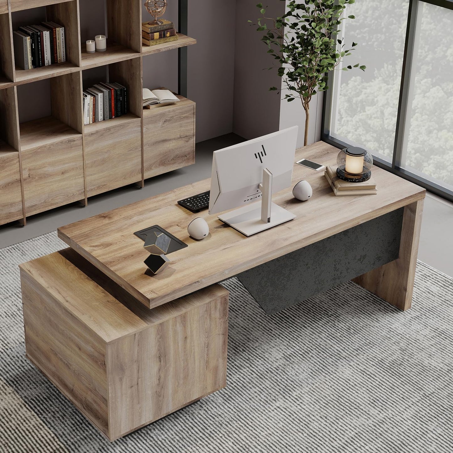 GT BLACK TURNSTONE Large Executive Desk 62.99" or 70.87", Modern Home Office Desk with 2 Drawers & Cable Management, Dual-Size Design Adapts to Any Layout for Home or Business (TH-X, Right)