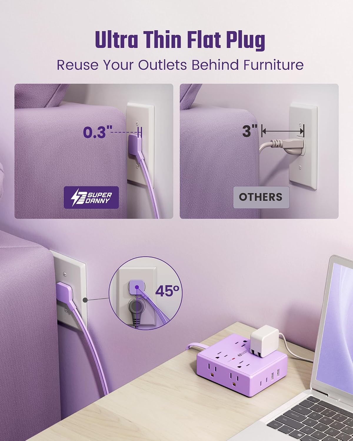 SUPERDANNY 10Ft, 8 4 (2 Purple Extension Cord Flat Plug Surge Protector Power Strip Kawaii, Outlets & USB Ports USB C)
