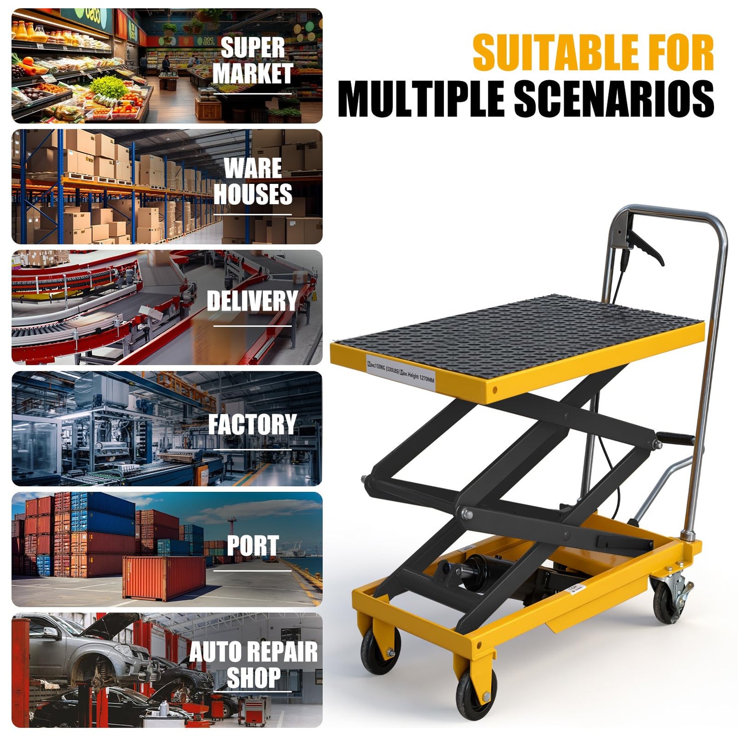 Hydraulic Lift Table Cart, 440lbs Capacity 49.6'' Max Lift, Double Scissor Lift Table w/4 Wheels & Non-Slip Pad, Heavy Duty Hydraulic Platform Lift Cart for Warehouse, Shop, Garage Material Handling