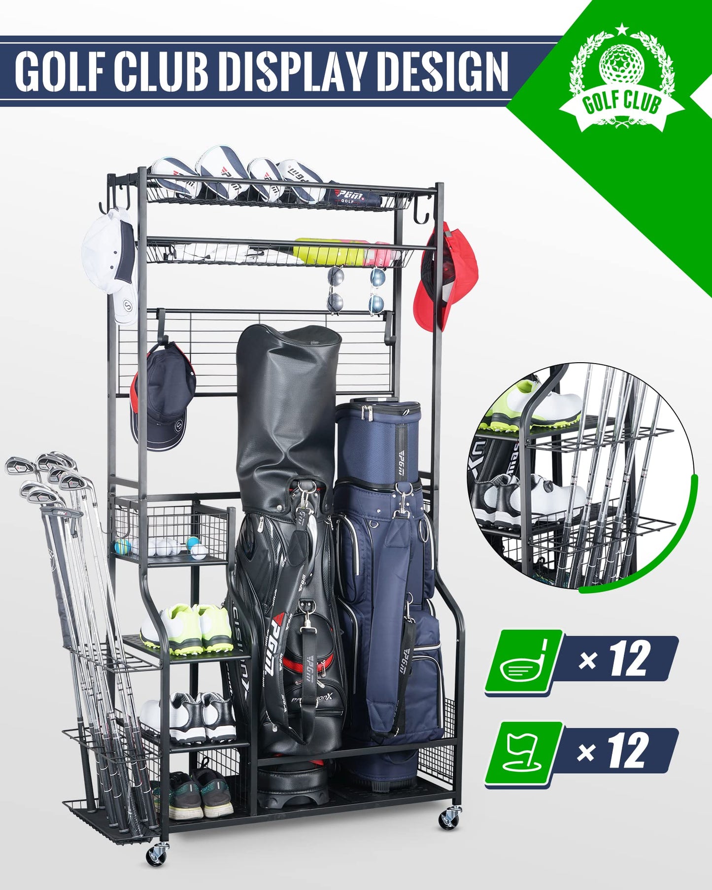 Mythinglogic Golf Club Storage Rack - 2 Golf Bags Stand and Golfing Equipment Accessories Storage Organizer with 4 Removable Hooks, Metal Black Golf Rack for Garage