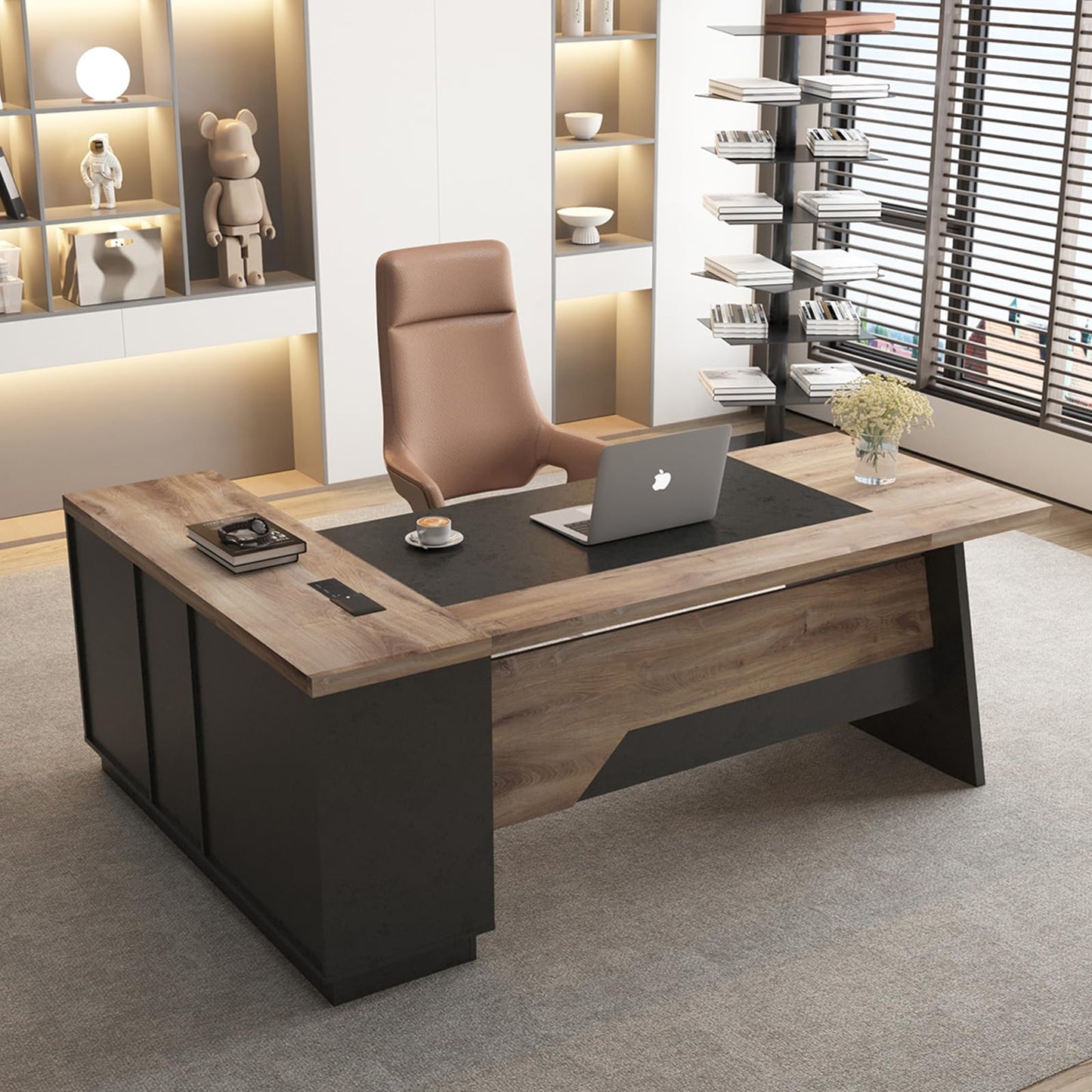 GT BLACK TURNSTONE Office Desk with Drawers, 78.74 Inches L-Shape Executive Desk, Industrial Wood Desk with Storage Shelves, Modern Computer Desk for Home Office, Black and Wood, Right