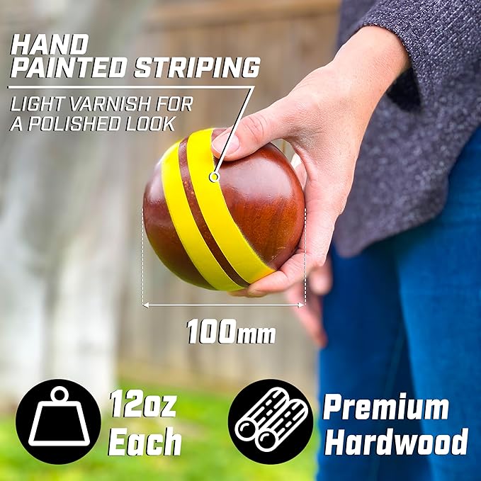 GoSports 100 mm Hardwood Bocce Set with 8 Premium 12 oz Wood Balls, Pallino, Case and Measuring Rope