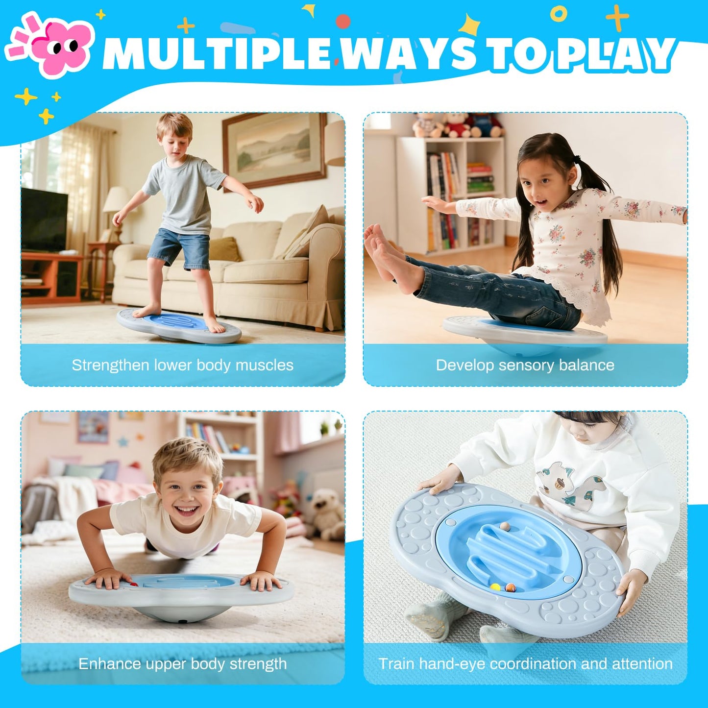 Balance Board Maze for Kids, Wobble Board with 3 Balls, 3 Replacement Labyrinth Boards, Indoor Active Play Toys for Sensory Training, Ages 3+, Max Load 140 Lbs