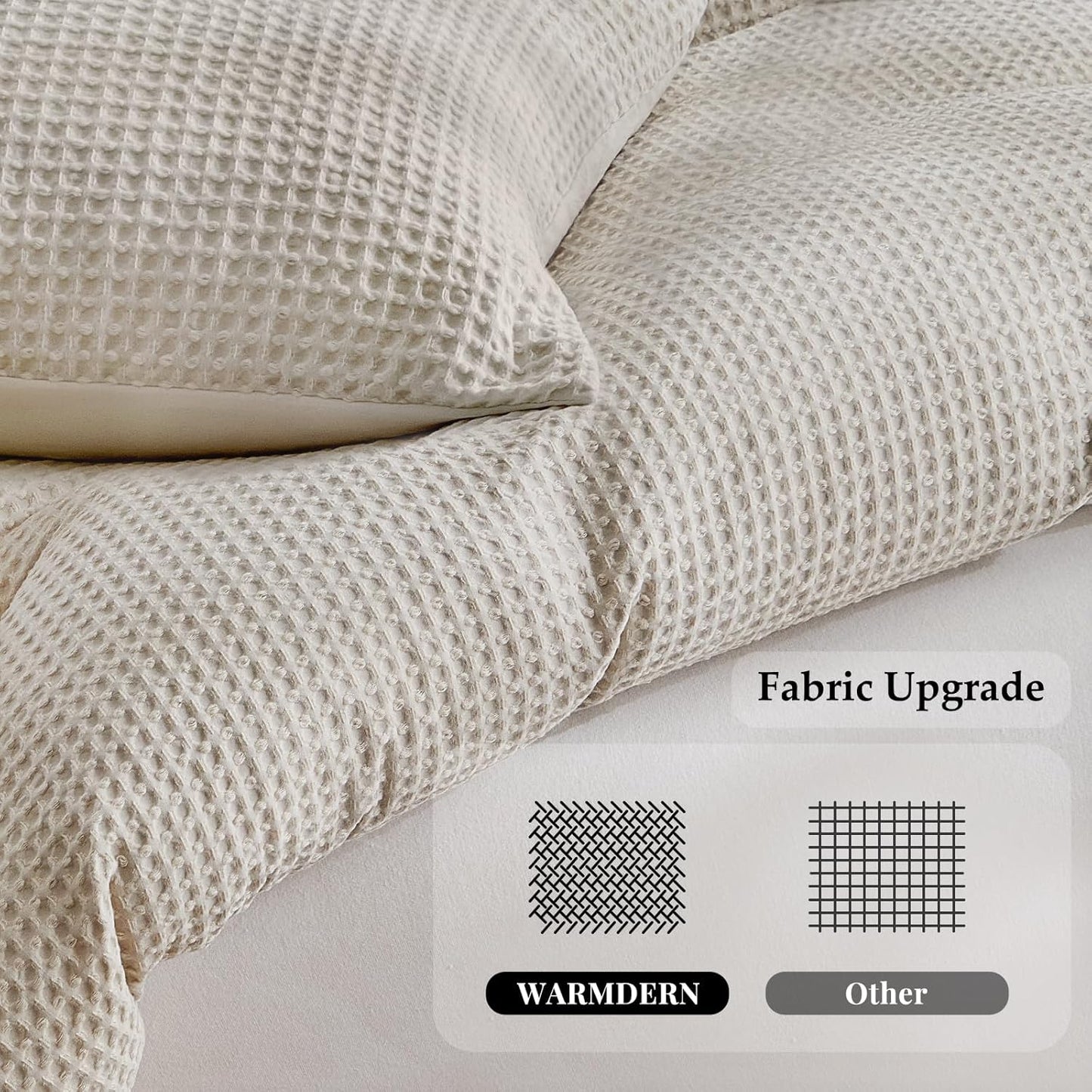 WARMDERN Waffle Weave Duvet Cover Set - Soft & Breathable Queen Size Bedding in Khaki | 3-Piece Microfiber Set
