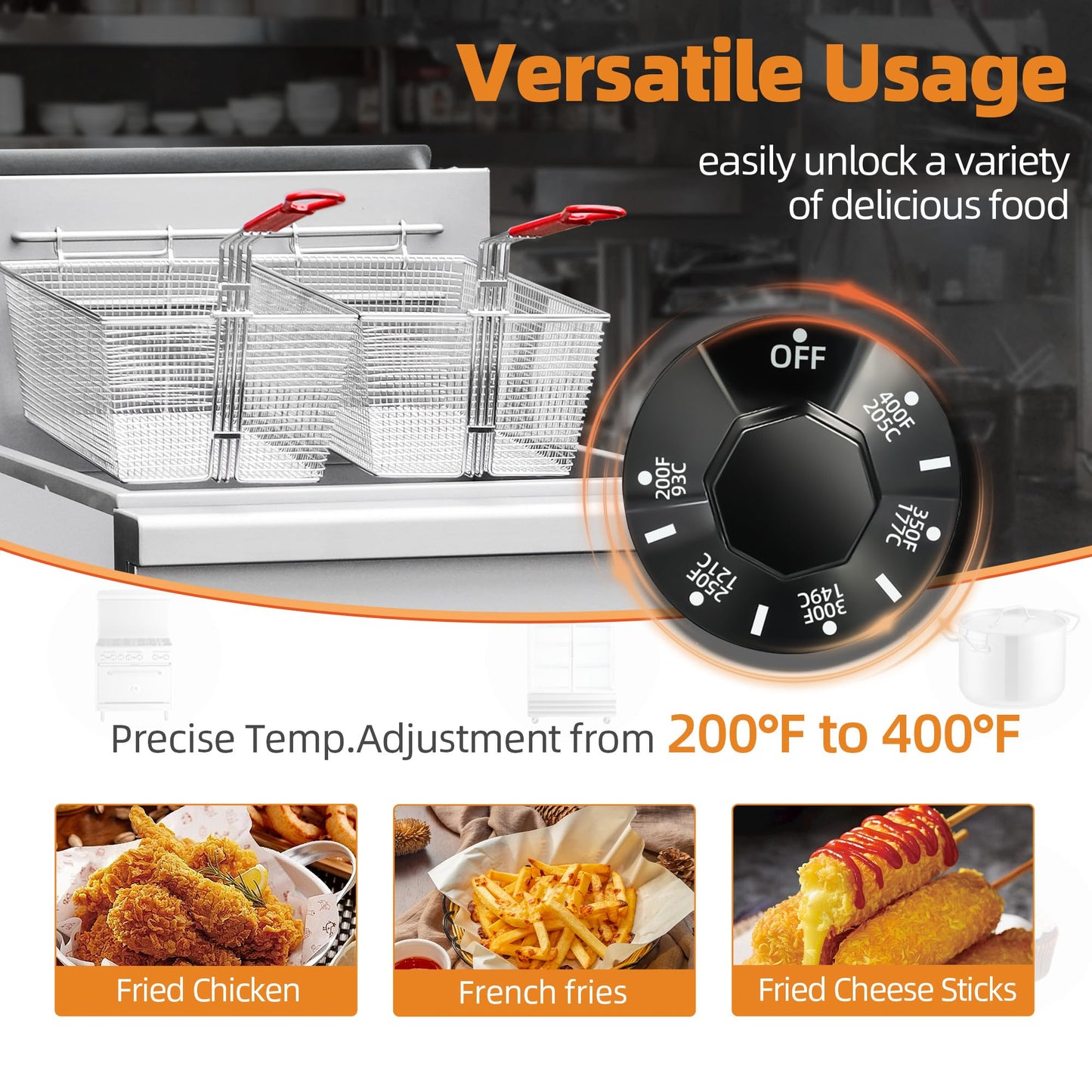 CHUMART Commercial Gas Floor Fryer with 2 Baskets, 90000 BTU Propane Gas Fryer - Only Commercial Use, Precision Temp Control, Stainless Steel Deep Fryer for Restaurants, Fast Food, Food Trucks