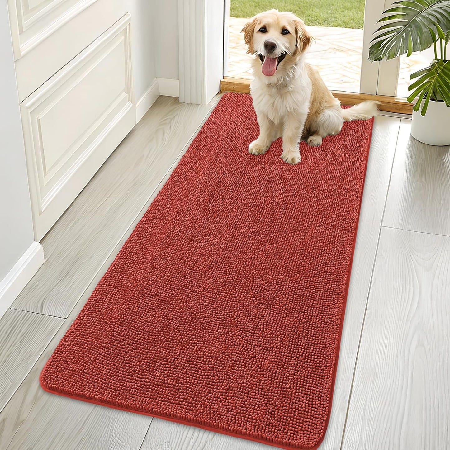 OLANLY Dog Door Mat - Absorbent Non-Slip Washable Doormat for Muddy Paws | 70x35 Maple Red