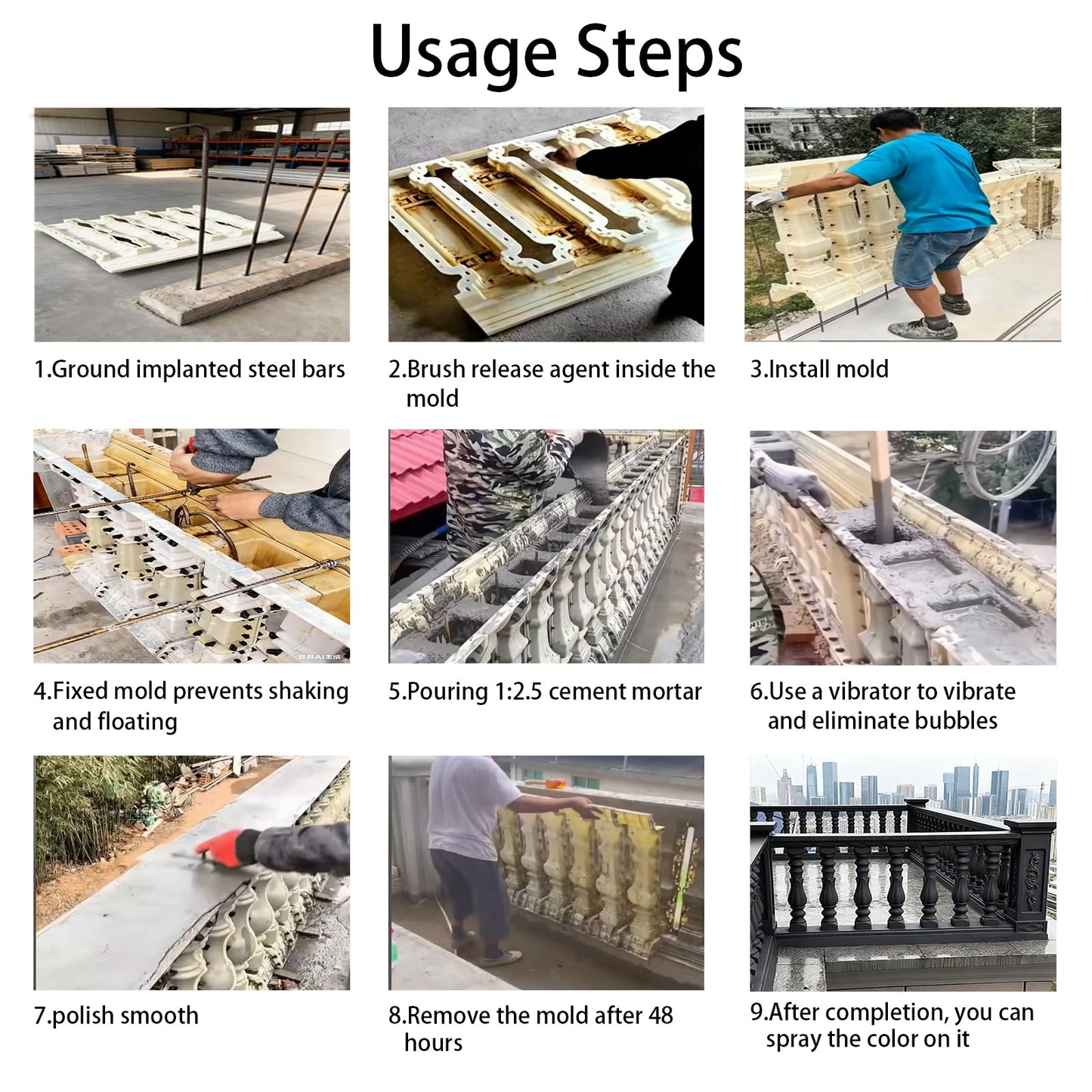 EAIVENY 7 PCS Balcony Concrete Mold Set - 2 x 97cm Spacer Molds + 5 x 87cmBalcony Moulds, Reusable ABS Balcony Molds for Railing/Patio Decoration (FX)