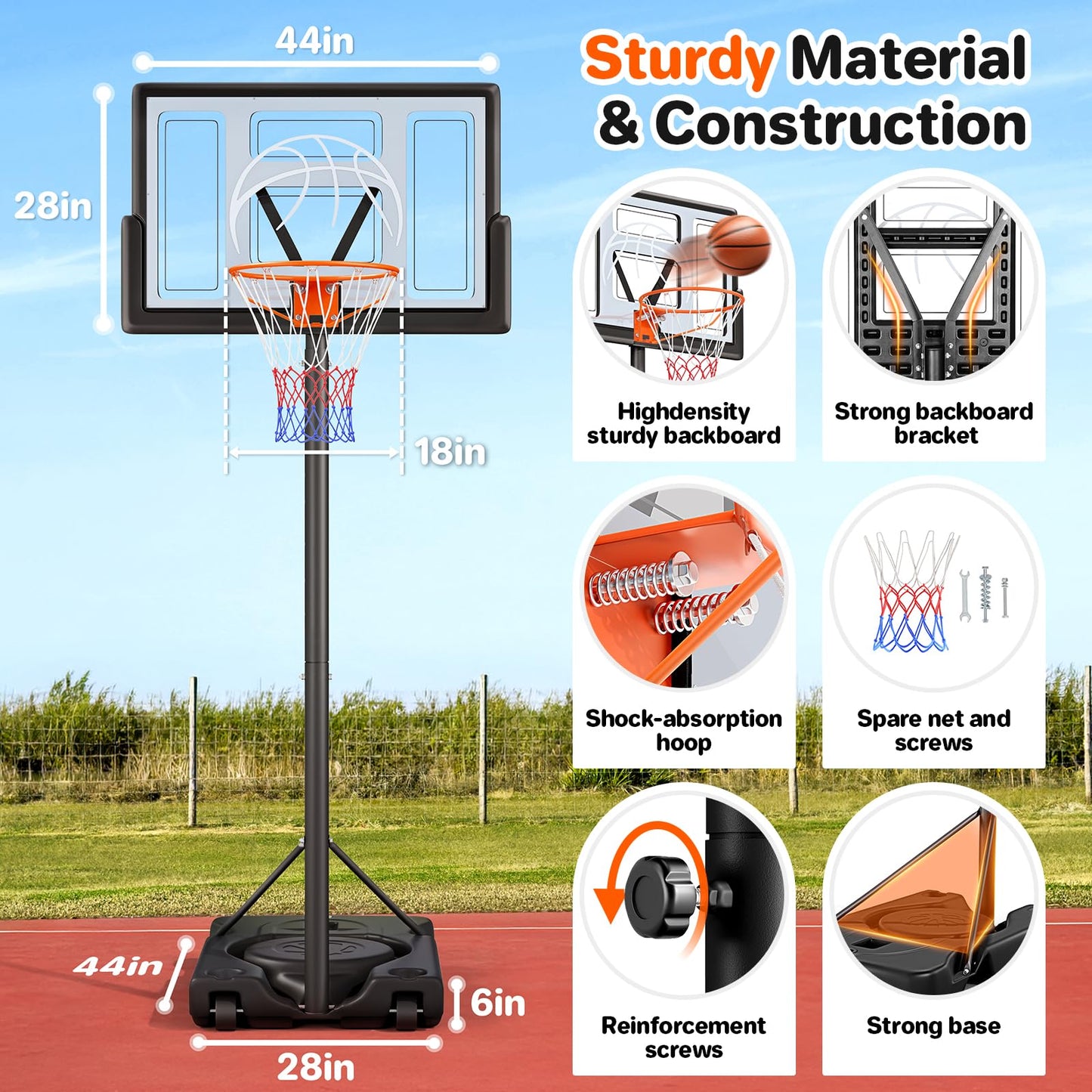 Yohood Basketball Hoop Outdoor 10ft Adjustable, Portable Basketball Hoop Goal System for Kids Youth and Adults in Backyard/Driveway/Indoor, 44 Inch Shatterproof Backboard and Larger Base