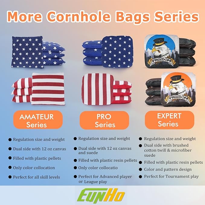 EunHo Cornhole Bags Regulation Dual Sided Set of 8, Professional Cornhole Bean Bags Slick & Sticky Side Bags with Carry Bag