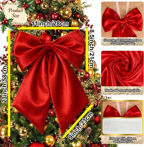 **Giant Red & Green Satin Christmas Bows - 23 x 11 Inch Decorative Bows for Wreaths & Gifts (4 Pack)**