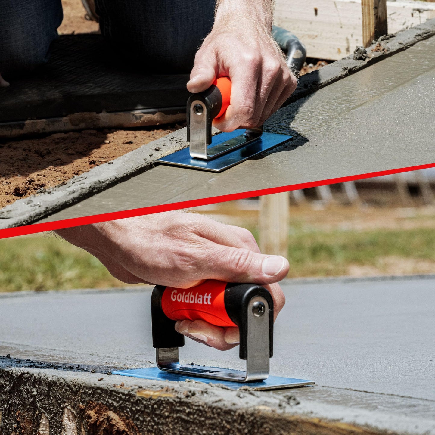 Goldblatt Concrete Edger Tool, 6" x 6" Blue Steel Edger (3/8"R, 1/2"L), Durable High Carbon Steel Concrete Finishing Tools - Masonry Hand Tool with Soft Grip, Sturdy Steel Mounting