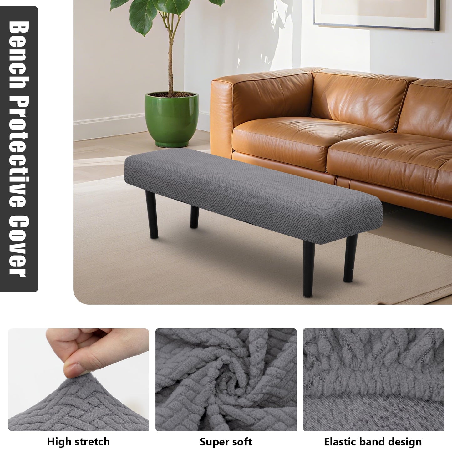 MRGSDL Stretch Bench Seat Cover, Reusable Slipcover for Dining Room & Bedroom, Removable Washable Rectangular Bench Covers, Elastic Fit for Home Furniture (Twill Grey)
