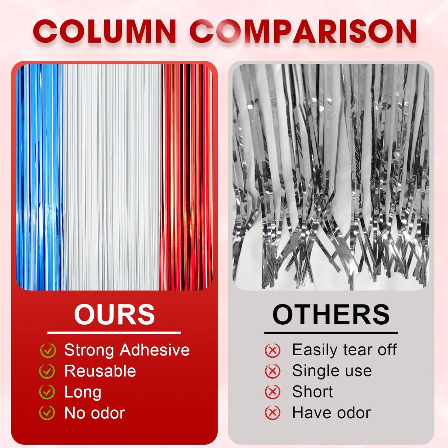 Voircoloria Red, White & Blue Foil Fringe Backdrop Curtains - 3 Pack Tinsel Streamers for Patriotic Celebrations