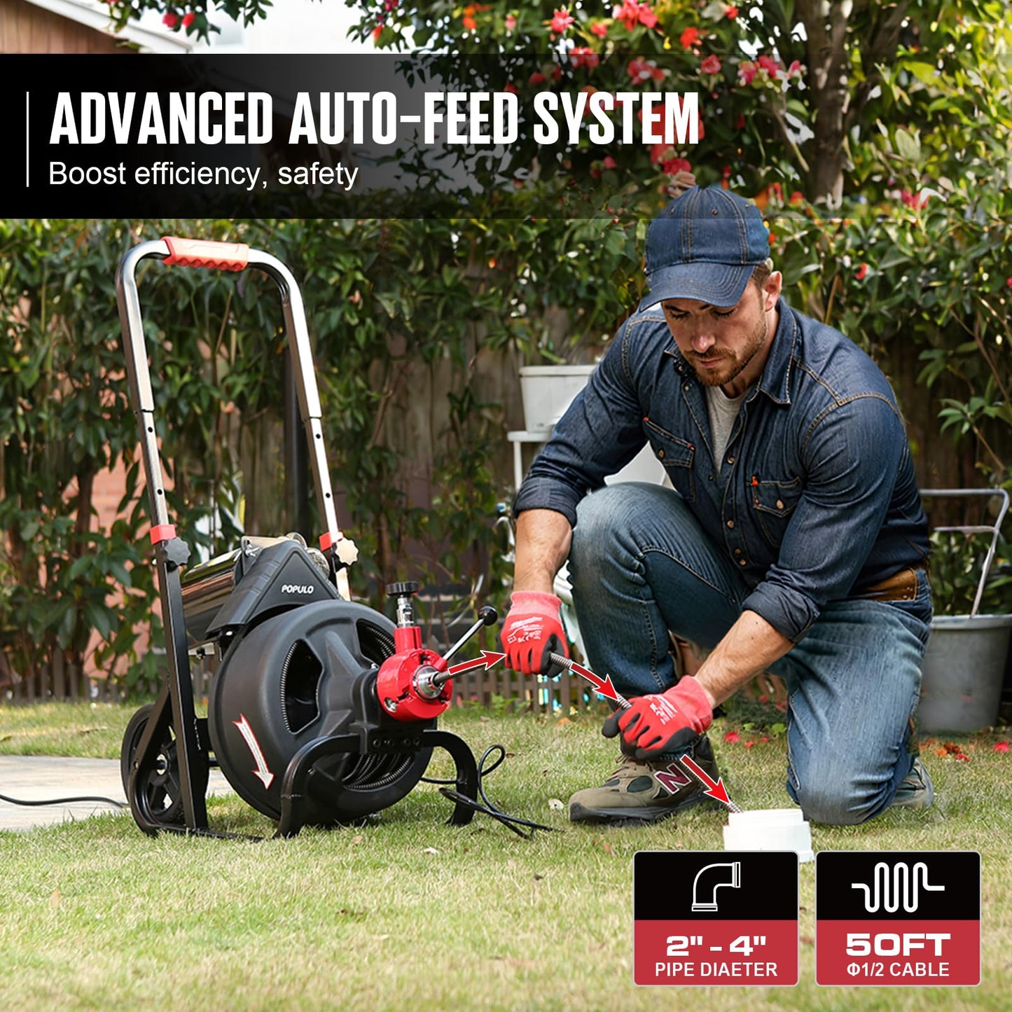 POPULO Auto Feed 50FT Electric Drain Snake with Mobile 8-Inch Wheel and 580W Power,1/2-Inch Drain Snake for 2”-4" Sewer Pipes, 50FT Drain Auger Includes 8 Attachments Heads and Glove