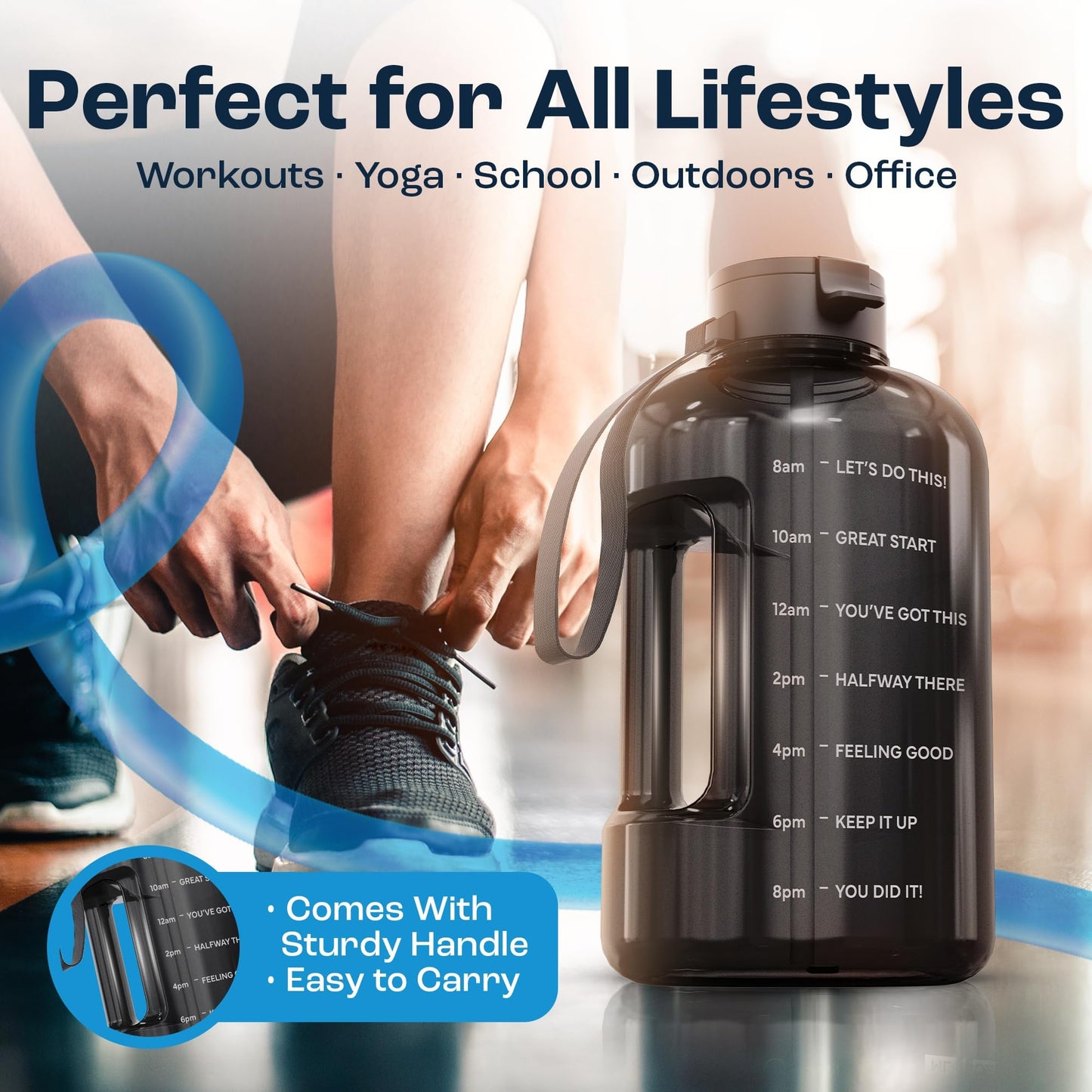 AQUAFIT 128 oz Water Bottle with Time Marker - Straw & Chug Lid - BPA Free 1 Gallon Gym Water Bottle with Handle - Big Gallon Jug (Gray, 128 Ounces)