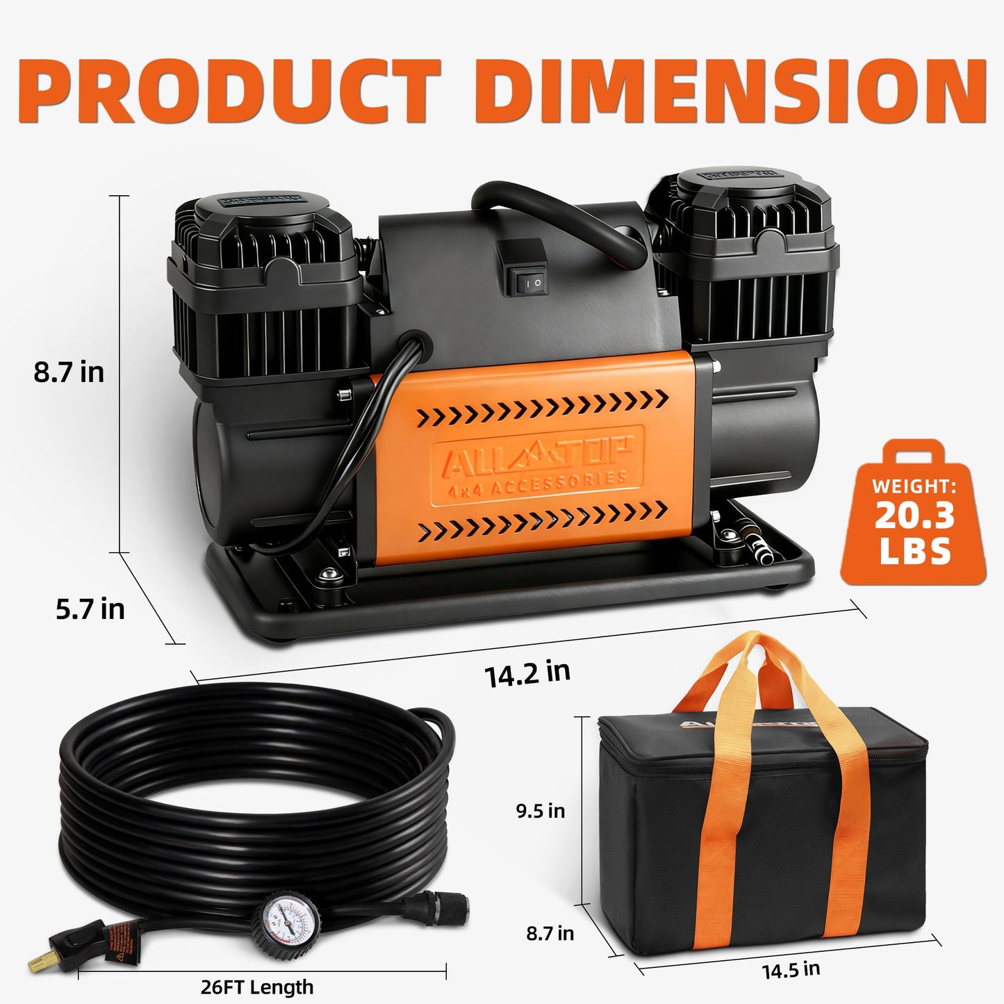 ALL-TOP Air Compressor Kit, Dual Cylinder 12V Portable Inflator 12.35 ft³/Min, Offroad Air Compressor Pump for Truck Tires, Heavy Duty Max 150 PSI for 4x4 Vehicle & RV