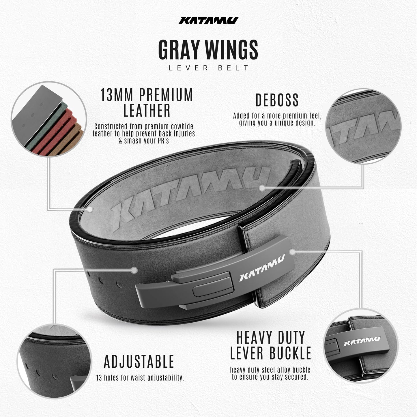 Katamu Grey Wings USPA & IPL Approved Lever Belt — Premium 10mm and 13mm Leather Powerlifting Belt for Men and Women, Steel Lever Buckle, 4 Inch Back Support for Deadlifts