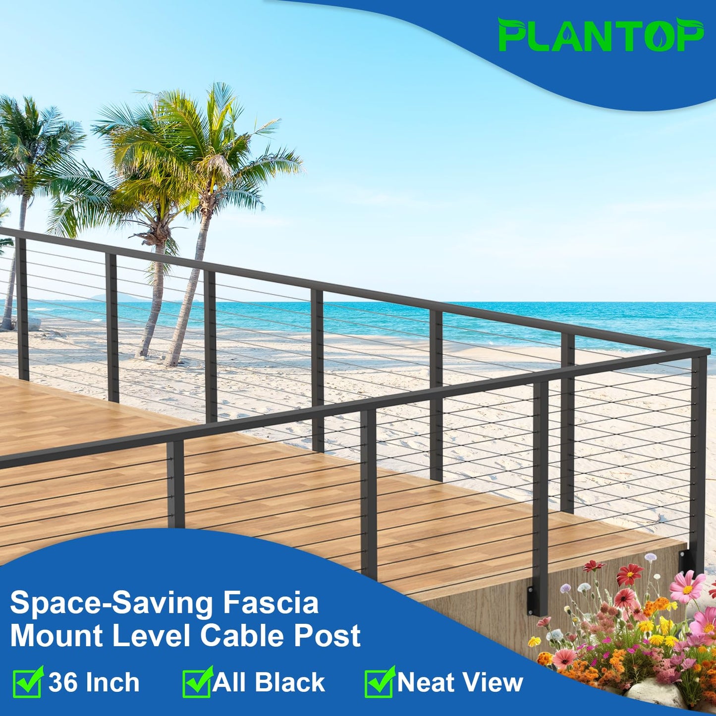 PLANTOP 36" Side Mount Cable Railing Post Kit, Included 2 Pack Level Drilled Fascia Mount Posts, 1/8" Invisible Cable Railing Anchor Terminal, Stainless Steel Handrail Deck Corner Post for Indoor Out