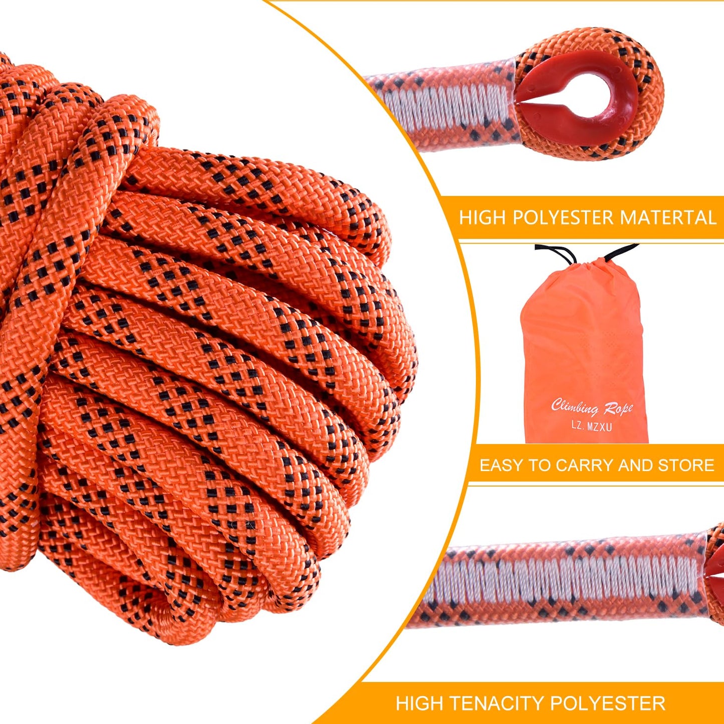 LZ.MZXU Climbing Rope, 12mm Static Climbing Ropes, 32FT(10M) 65FT(20M) 100FT(30M) 164FT(50M) Outdoor Rock Climbing Rope with Hook, Safety Rappelling Ropes, Fire Rescue Parachute(Orange, 100FT)