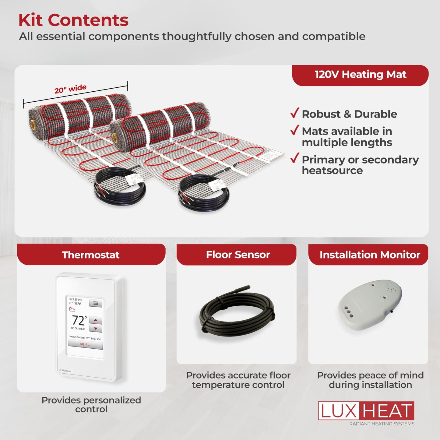 LuxHeat 120sqft Floor Heating Mat Kit - 120v Floor Heating System - Electric Radiant Heated Flooring System for Tile & Laminate - Includes UWG4 WiFi Programmable Thermostat w/GFCI, Alarm & Sensor