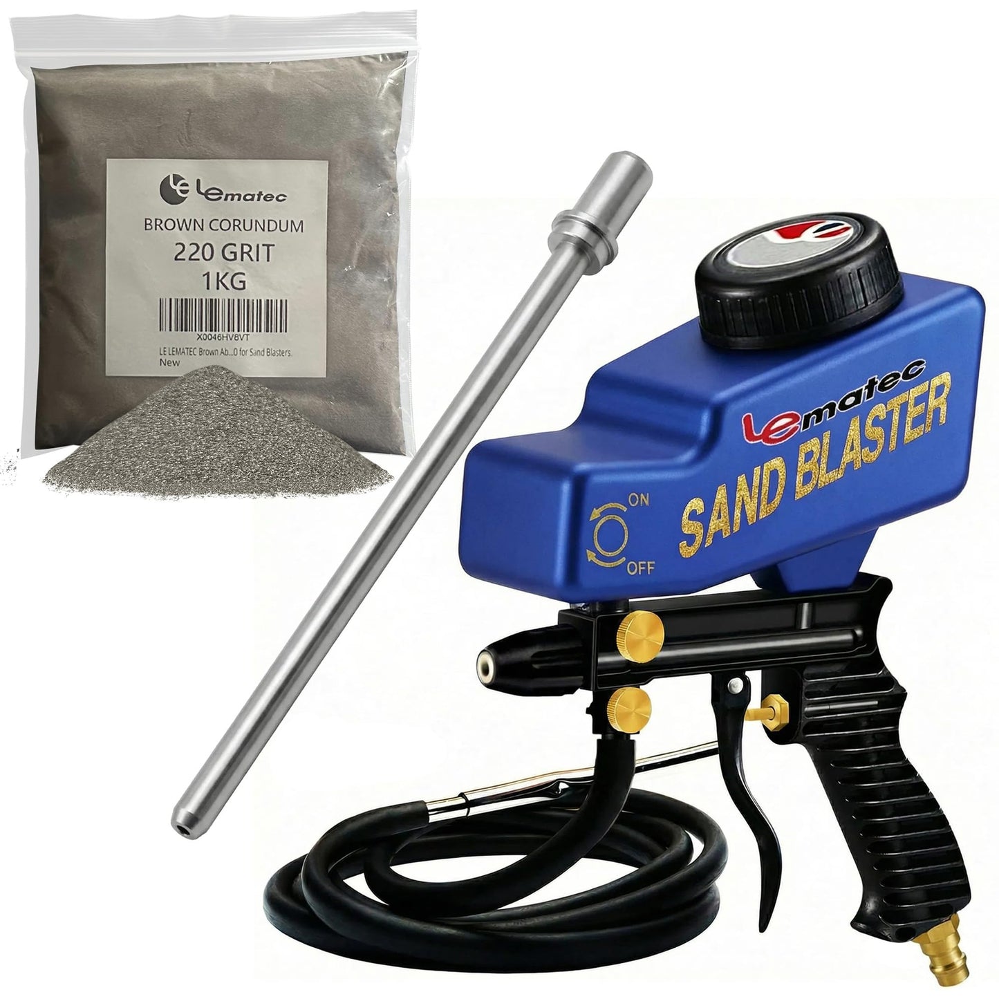 LE LEMATEC Pro Sandblasting Spot-Cleaning Bundle — AS118-2C Sand Blaster Gun + Long Nozzle Attachment + #220 Brown Corundum Media for Precision Restoration, Glass Etching & Wheel Well Detail Work