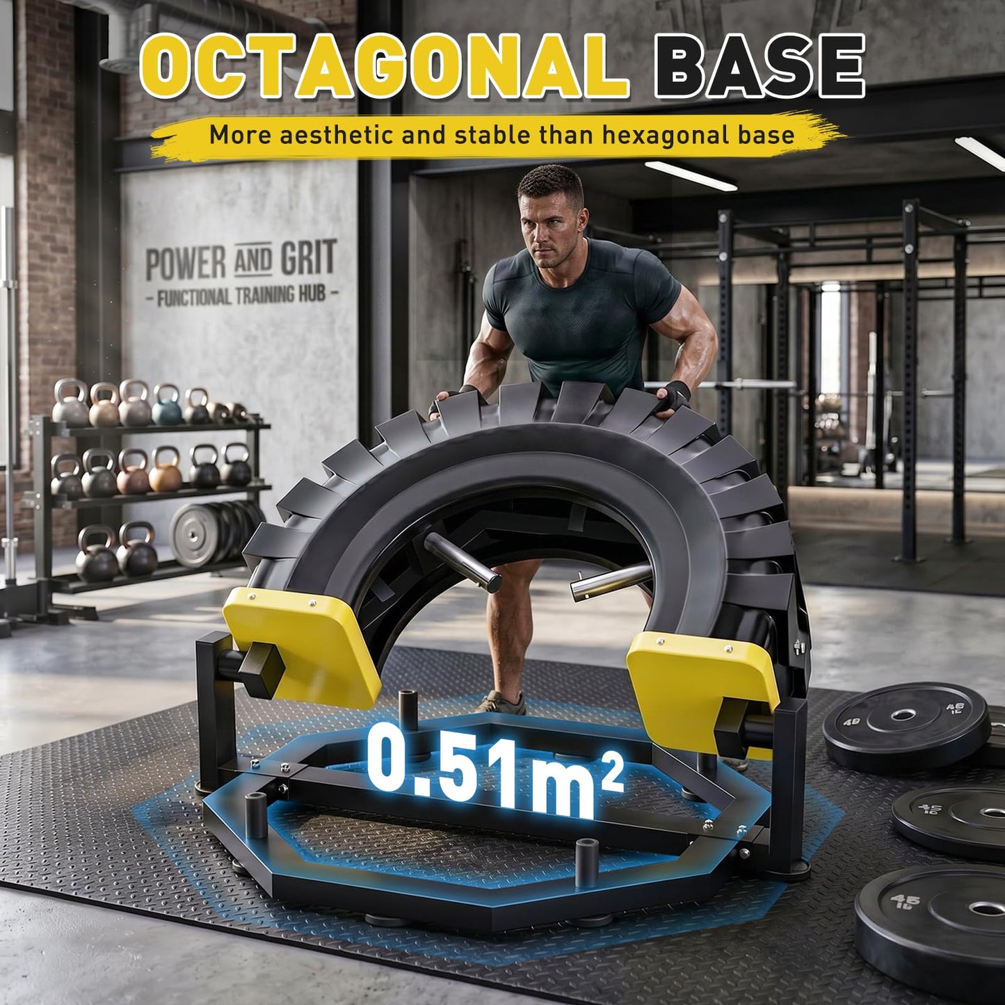 Tire Flip Trainer, Heavy Duty Steel Tire Flipping Machine with Weight Plate Posts, Non-Slip Base for Crossfit, Gym & Home Workouts, Expandable Full-Body Training Equipment