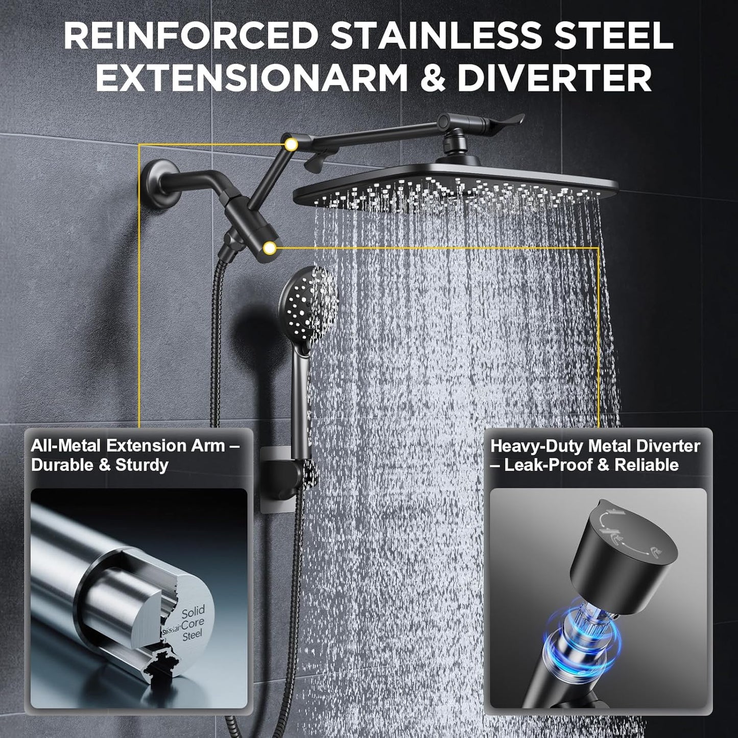Veken Rain Shower Head - High Pressure Handheld Shower with Multi Spray Modes | 11.8" Matte Black