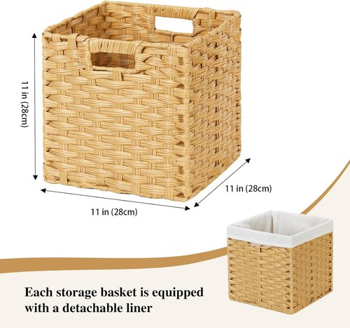 DULLEMELO Wicker Storage Cube Set - 11-Inch Baskets with Handles for Easy Organization - Natural Finish, Set of 4