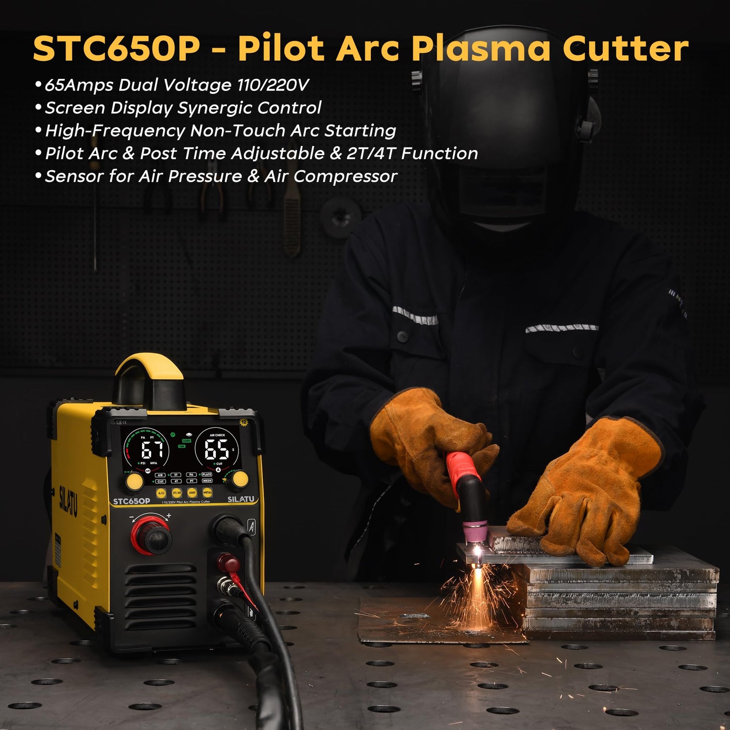 SILATU 65Amps Plasma Cutter, STC650P HF Non-Touch Pilot Arc Plasma Cutter Machine, 110/220V Dual Voltage Air Sensor Technology Large LED Display, 20mm Max Cutting thickness, PT/2T/4T for Beginners DIY