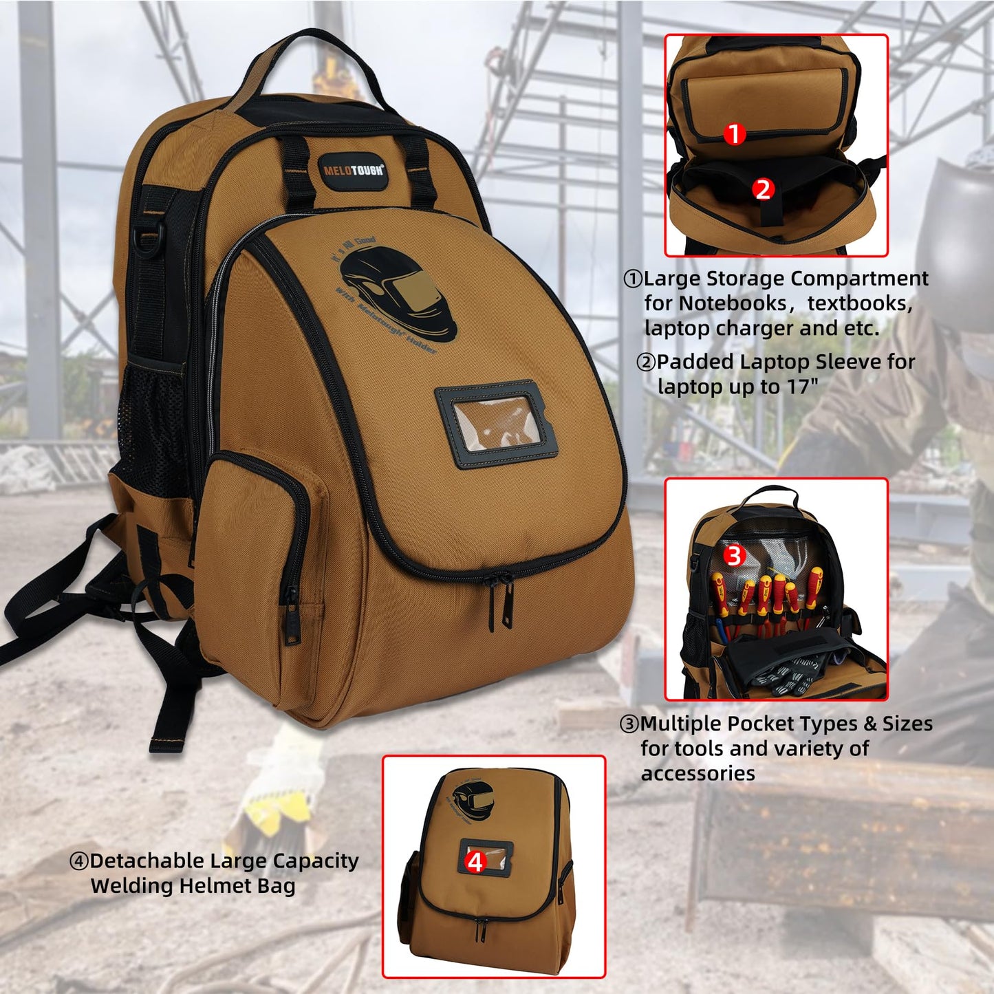 MELOTOUGH Welding Tool backpack for Tools and Helmet Extreme Gear Pack with Large Capacity Welding Helmet Bag,Work Knee Pads for Men Women Construction, Flooring, Roofing