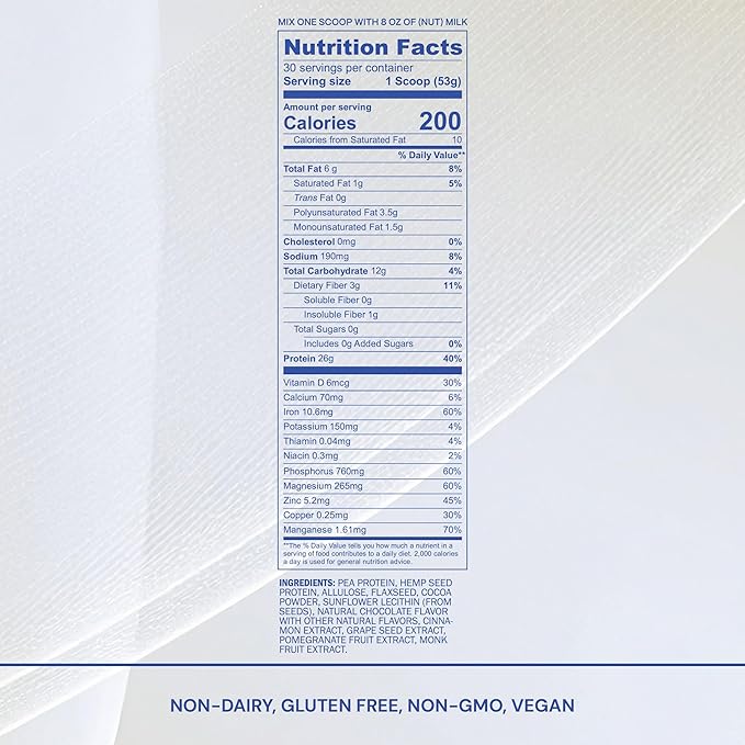 Blueprint Bryan Johnson Chocolate Protein Powder ??Vegan Plant-Based Supplement with Cocoa Powder ??Clean Ingredients ??26g Protein per Serving ??Non-GMO ??30 Servings