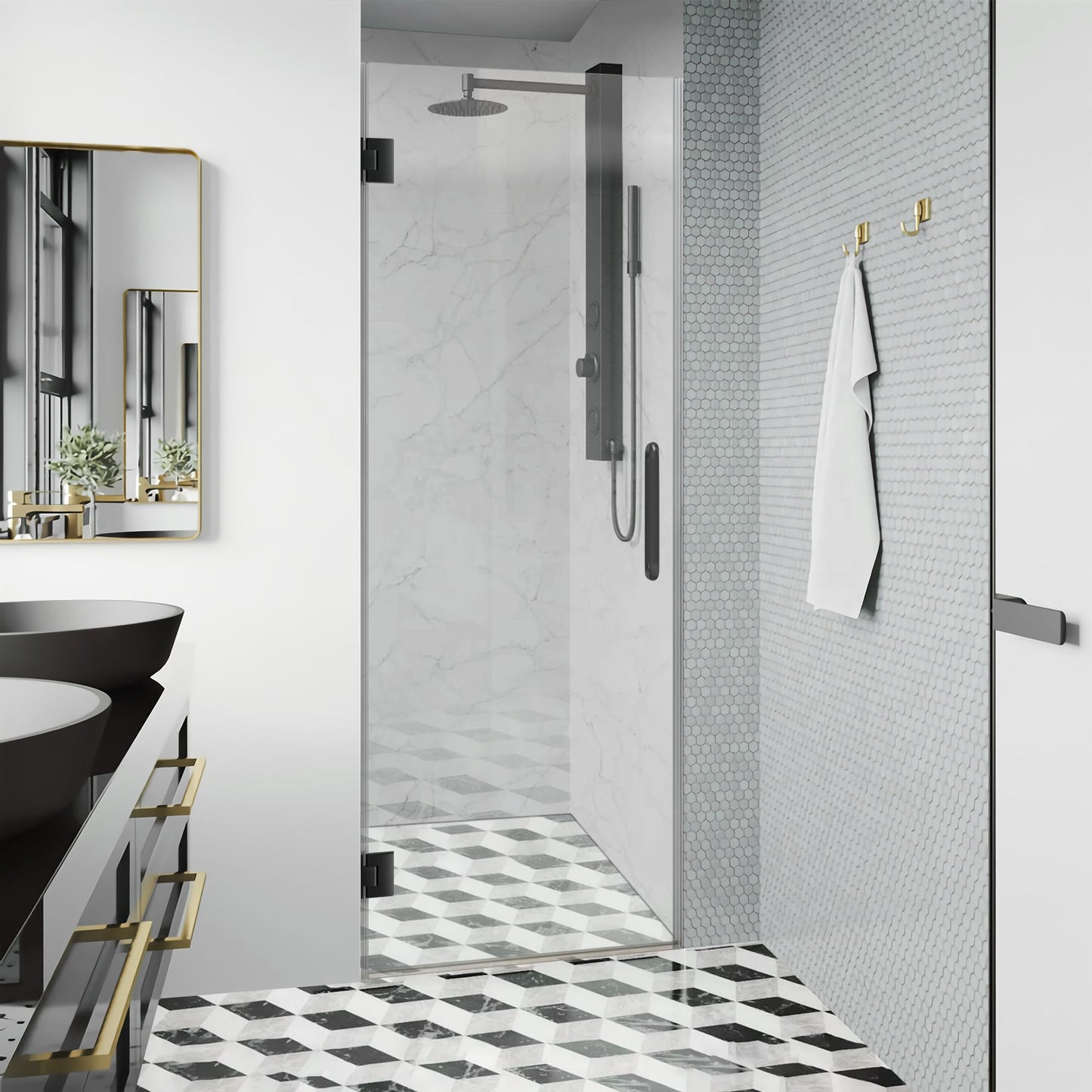 Bathroom Frameless Shower Door 28" W*72" H, 5/16"(8mm) Clear Tempered Glass Hinged Shower Door with Seal Strip and Handle, Matte Black Clamps