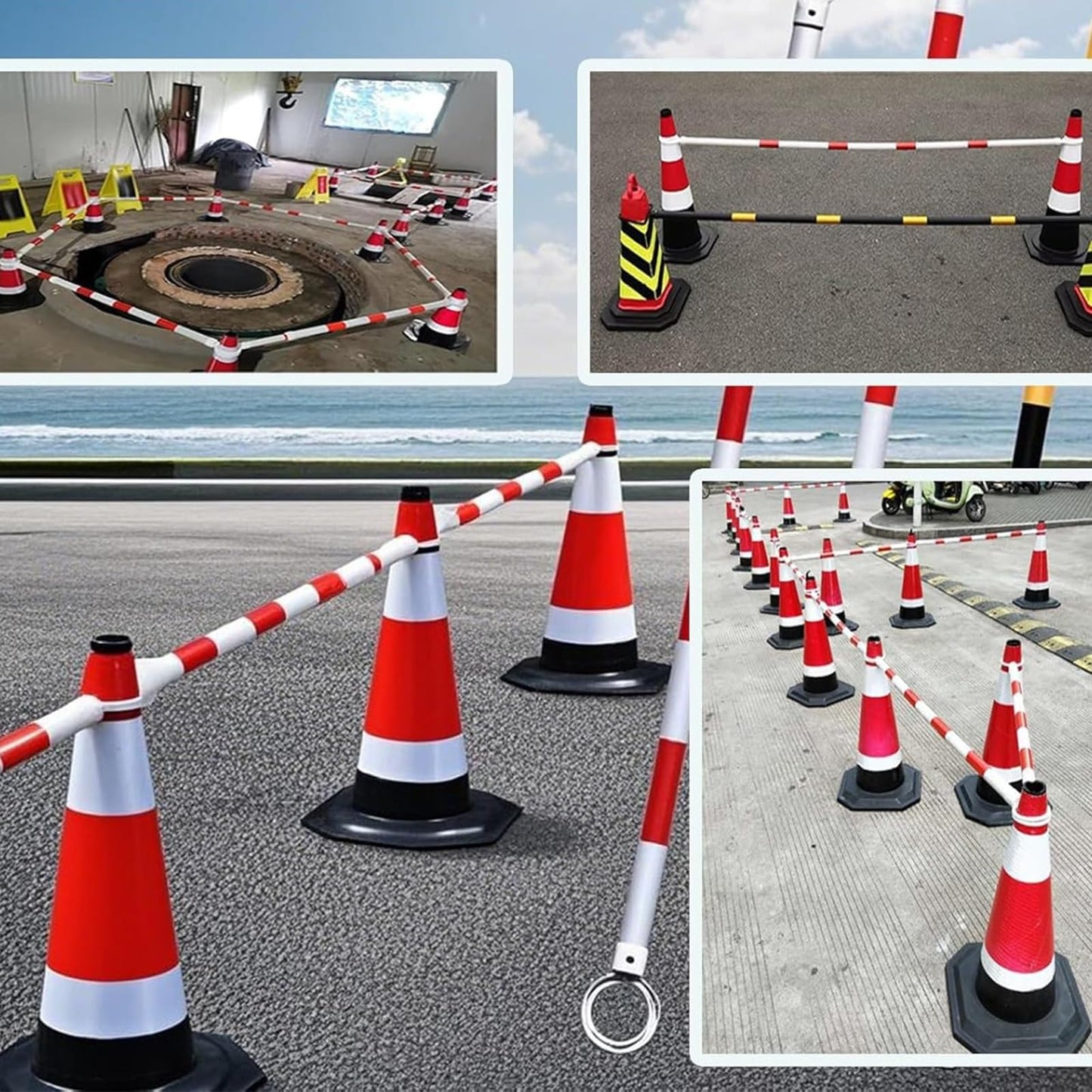 Heavy Duty Reflective Traffic Cone Bar, Expandable 4.5ft-8ft Adjustable Safety Barrier, Durable PVC with Red Tape, Ideal for Road Safety, Construction, and Events (6PCS)
