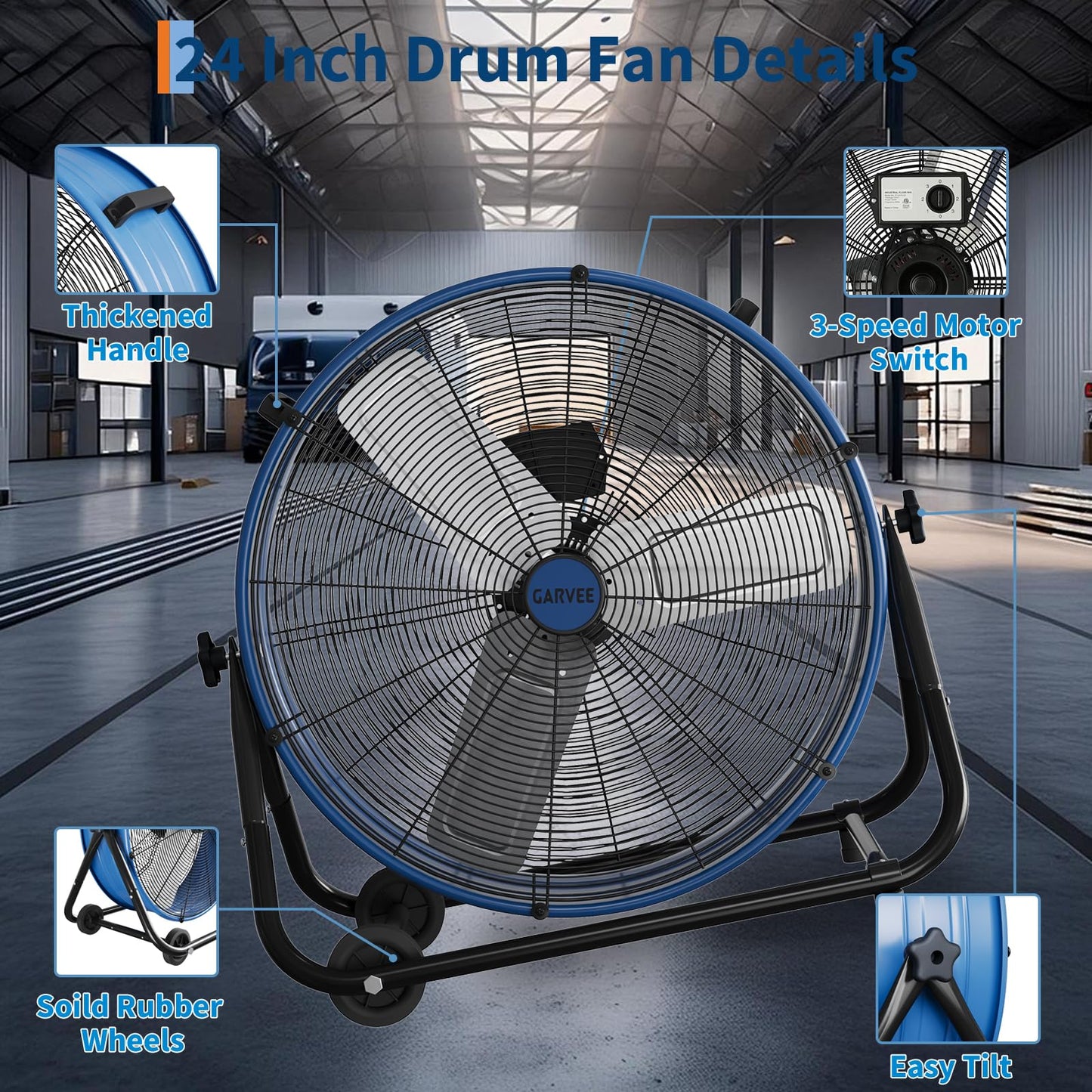 Garvee 24" High Velocity Industrial Fan, Floor Fan Heavy Duty Industrial Fan with Adjustable 3 Speed 4800-8800 CFM Cooling, for Industrial Commercial Space Garage, Metal Blades/360° Rotation, Blue