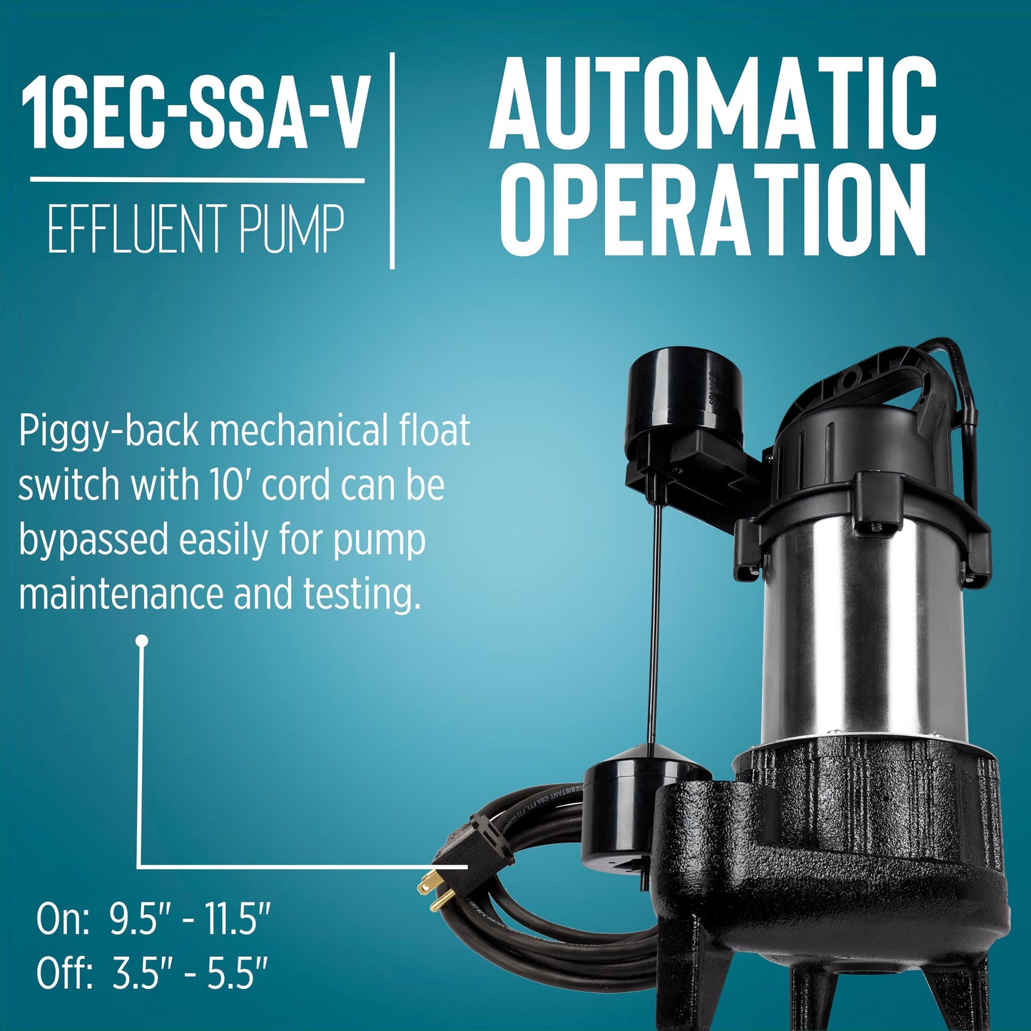 Little Giant 16EC-SSA-V 115 Volt, 1 HP, 4800 GPM Sump or Light Effluent Pump with Piggy-back Vertical Switch, 10-Ft. Cord, Black, 14942785
