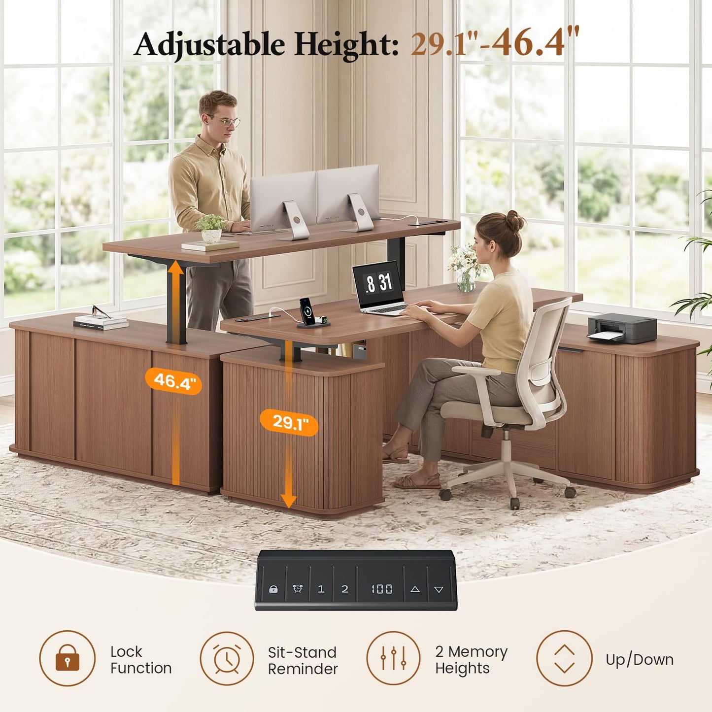 L Shaped Electric Standing Desk, 55.1" x 47.2" Height Adjustable Office Executive Desk with File Drawer & Sliding Door, Standing Computer Desks with Power Outlet & Cabinets, for Home Office, Walnut