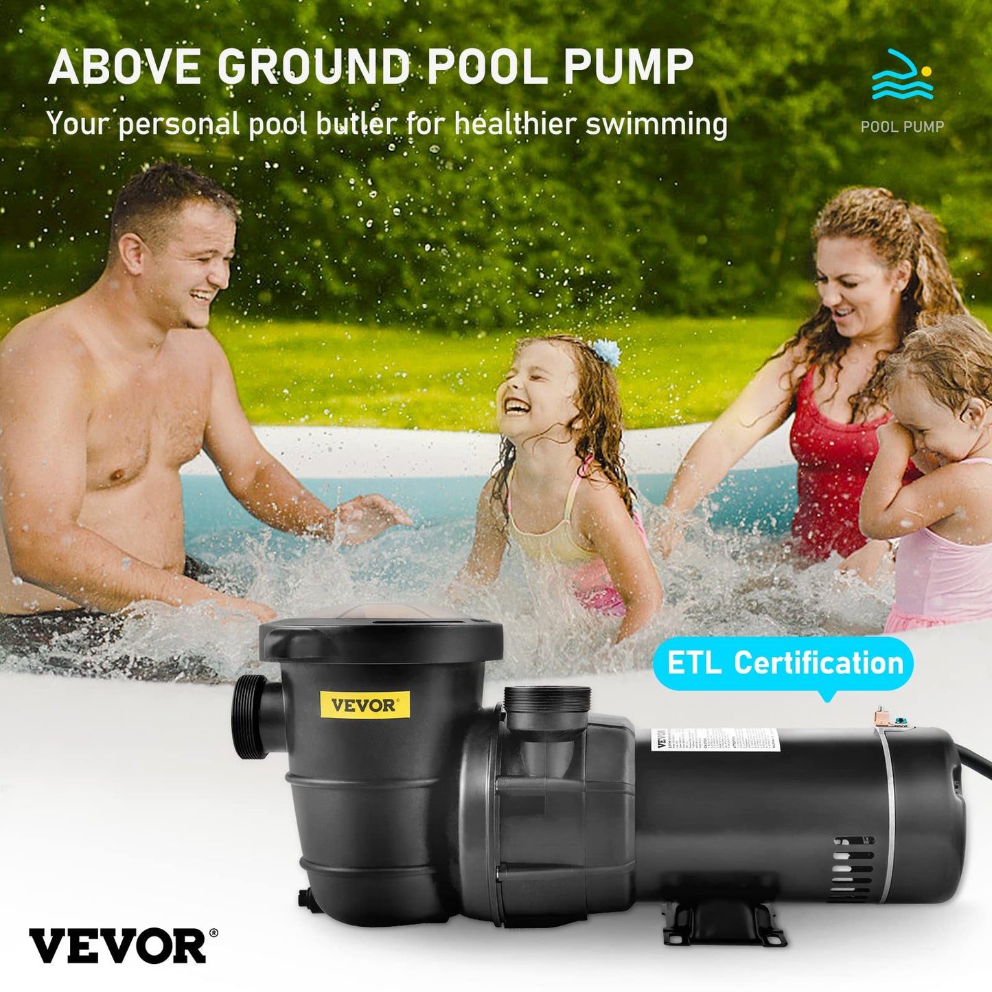 VEVOR Swimming Pool Pump, 2.0HP 115 V, 1500 W Single Speed Pumps for Above Ground Pool w/Strainer Basket, 5400 GPH Max. Flow, Certification of ETL for Security