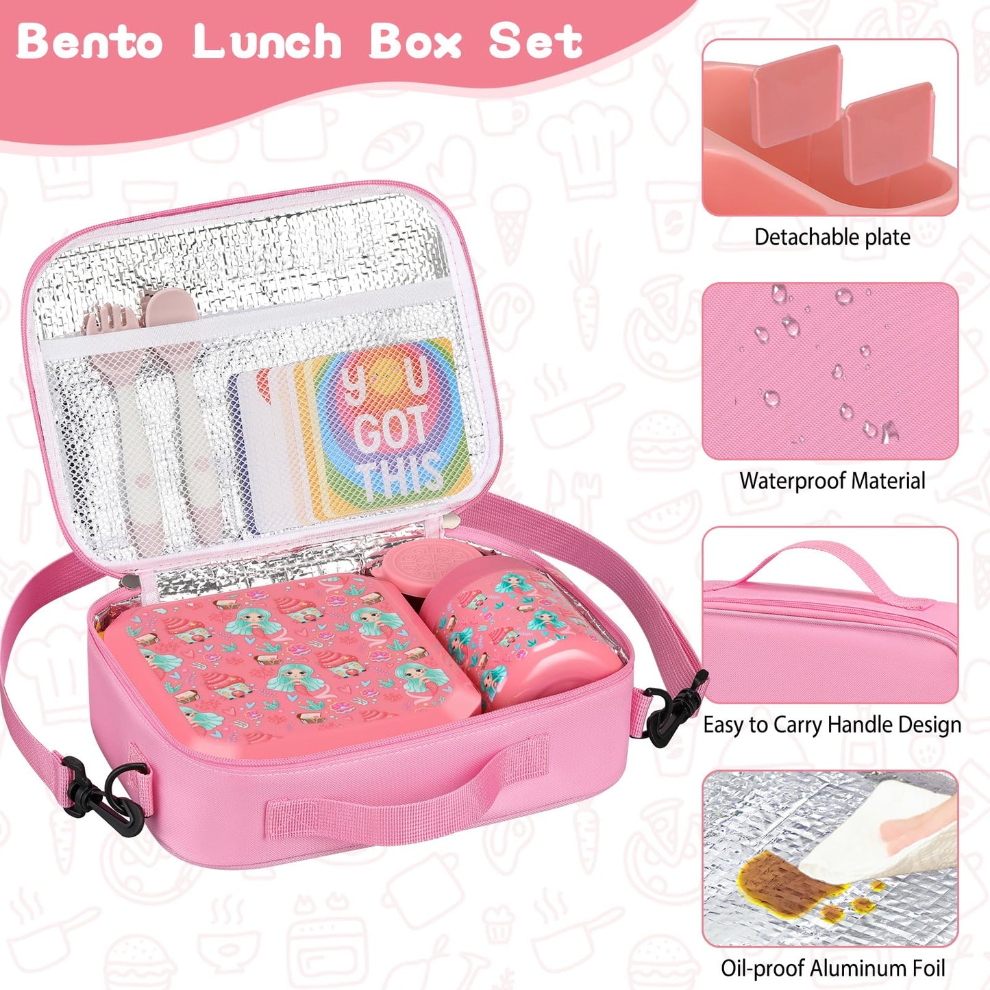 wiwens Bento Lunch Box for Kids with 12oz Soup Thermo Leak-Proof Lunch Food Container with 5 Compartment Thermo Hot Food Jar and Insulated Lunch Bag for Kid Toddler Girls Boys to School