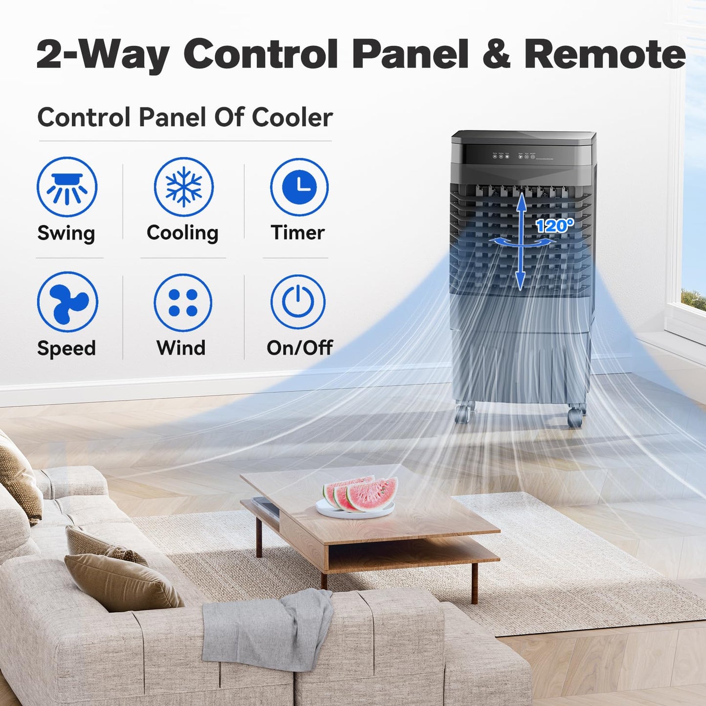 Auertech 5.5 Gal Swamp Cooler, 1800 CFM Evaporative Air Cooler with 3 Speeds, 12H Timer, 120°Oscillation, Windowless Room Cooling Fan with 4 Ice Packs, Portable Air Cooler for Indoor, Garage, Bedroom