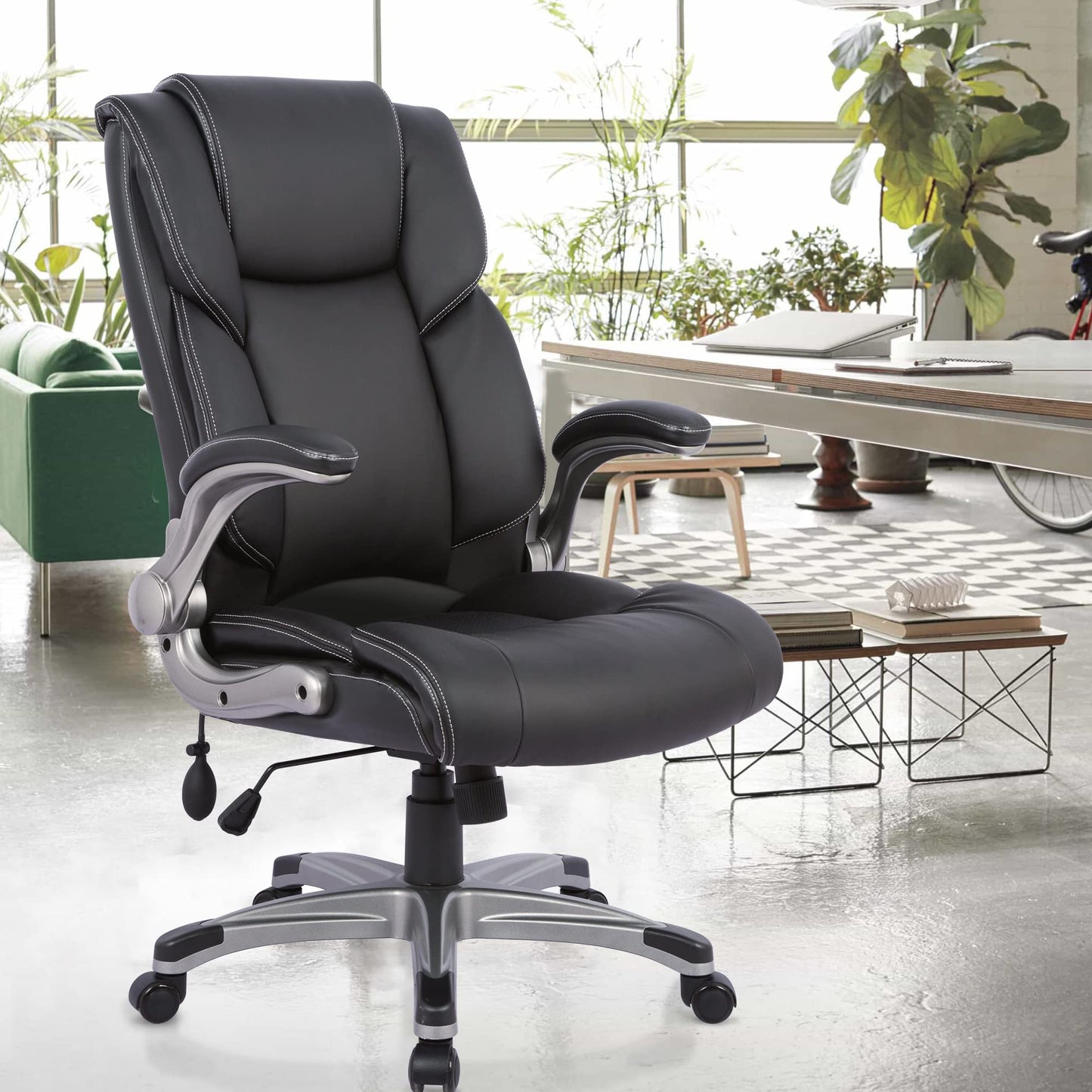 COLAMY High Back Executive Office Chair - Padded Leather Ergonomic Computer Desk Chair with Inflatable Lumbar Support & Flip-Up Arms, Adjustable Tilt Lock Swivel Task Chair for Home Office, Black