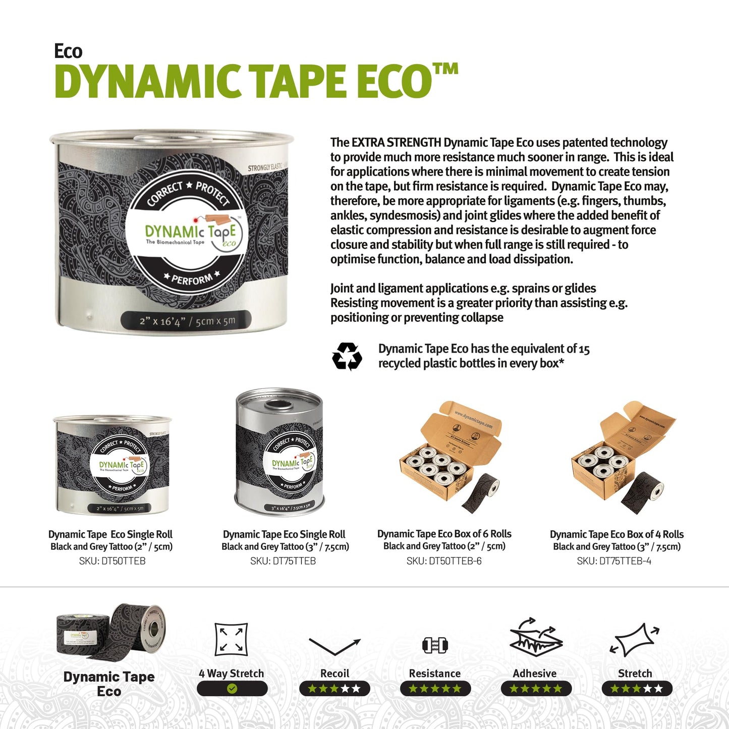 Dynamic Tape Eco - Elastic Athletic Tape Made from Recycled Materials | 4Way Biomechanical Stretch & Stronger Recoil Than Kinesiology Tape | for Sports, Muscle & Joint Load MGMT | 3” (Grey/Black)