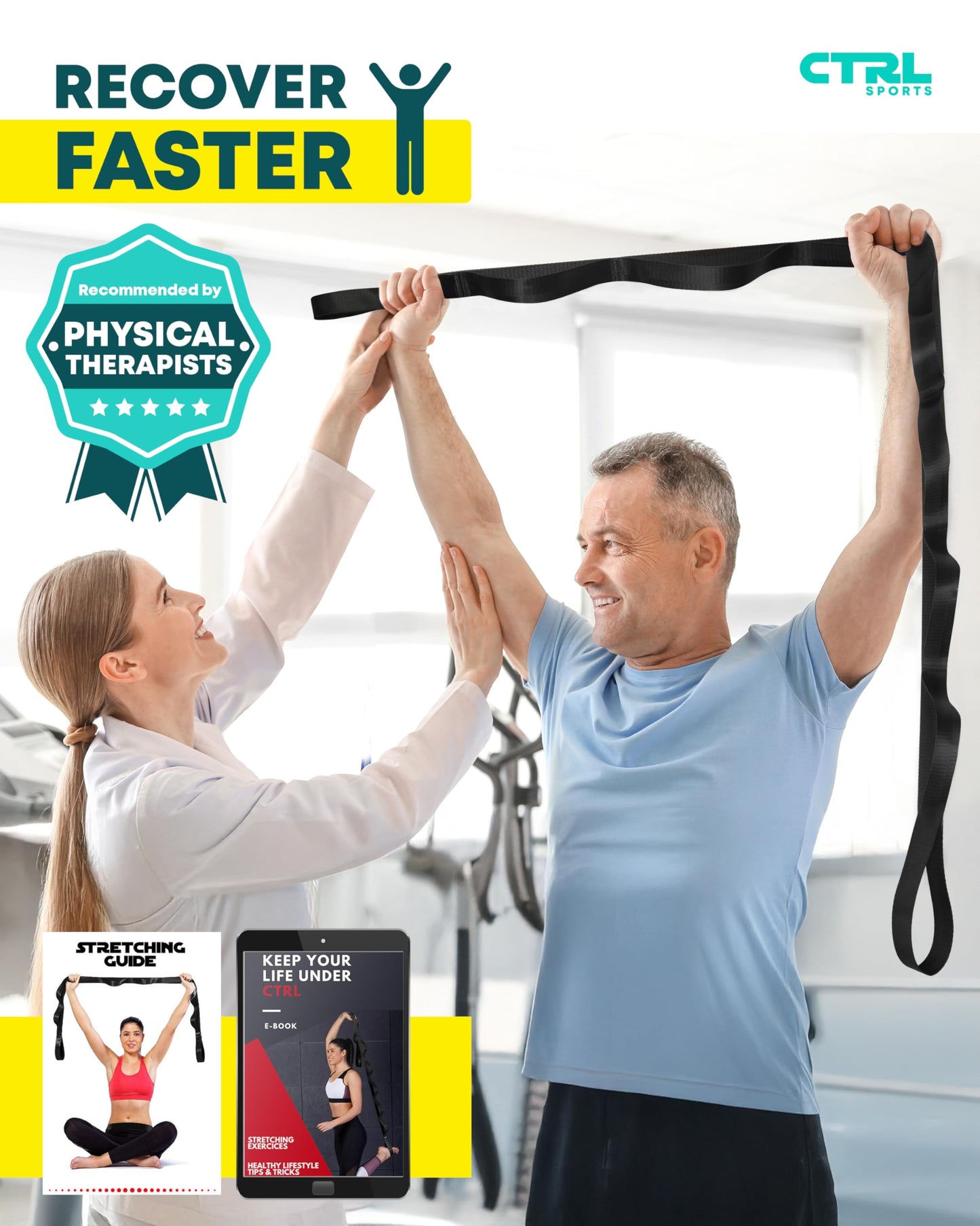 Ctrl Sports Stretching Strap Non Elastic Yoga Strap with Loops - Stretching Band for Physical Therapy, Stretch Bands for Exercise and Flexibility - Stretch Strap with 10 Loops, Hamstring & Leg Stretcher Strap
