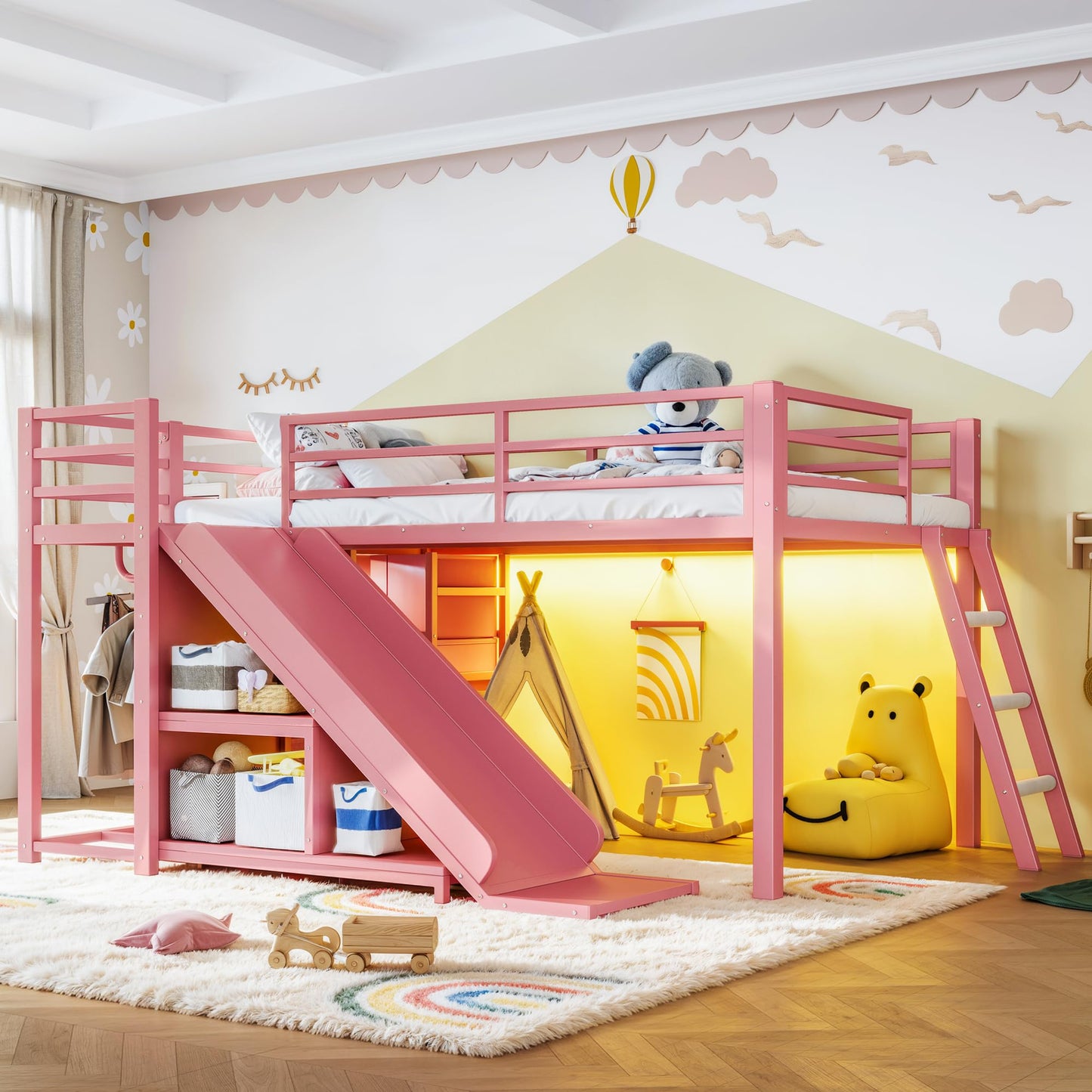 KEIKI Twin Size Metal Loft Bed Frame with Slide & Ladder & Non-Woven Fabric Drawer & Shelves & Hanging Area, Multi-Storage Loft Bed with Slat, No Box Spring Required, Easy Assembly, for Bedroom, Pink
